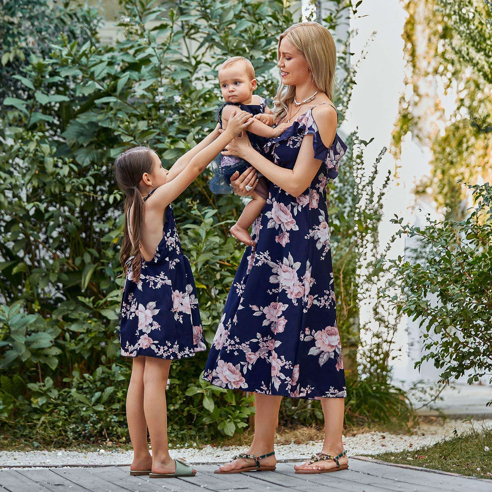 PopReal Mommy and Me Dresses Floral Printed Sleeveless Infant Baby Girl Tulle Dress Romper Green 3