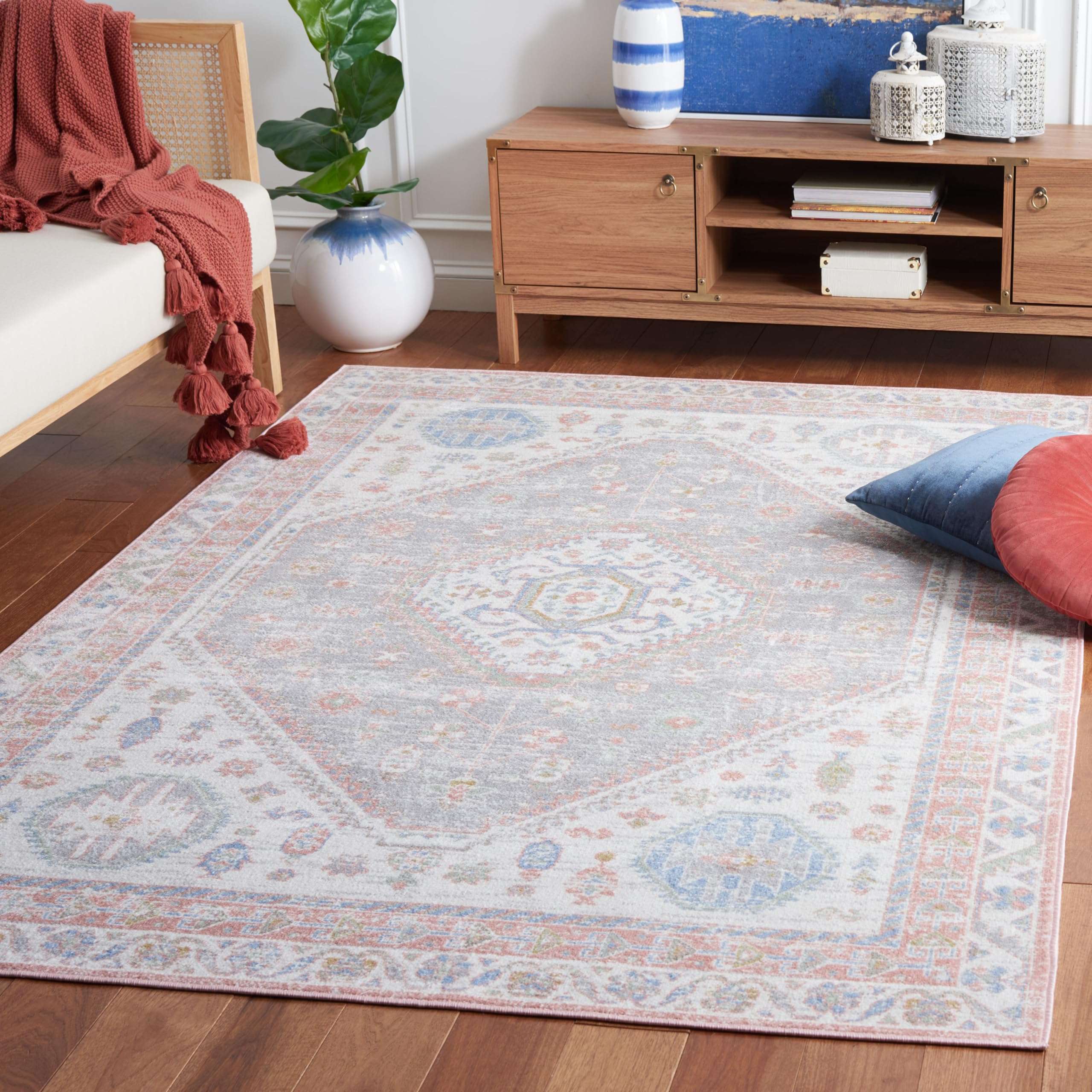 SAFAVIEH Washable Rug Bayside Collection - 4' x 6', Ivory & Blue Pink, Easy Cleaning, Ideal for in Living Room, Bedroom, Home Office, Dining Space (BAY118A) 1
