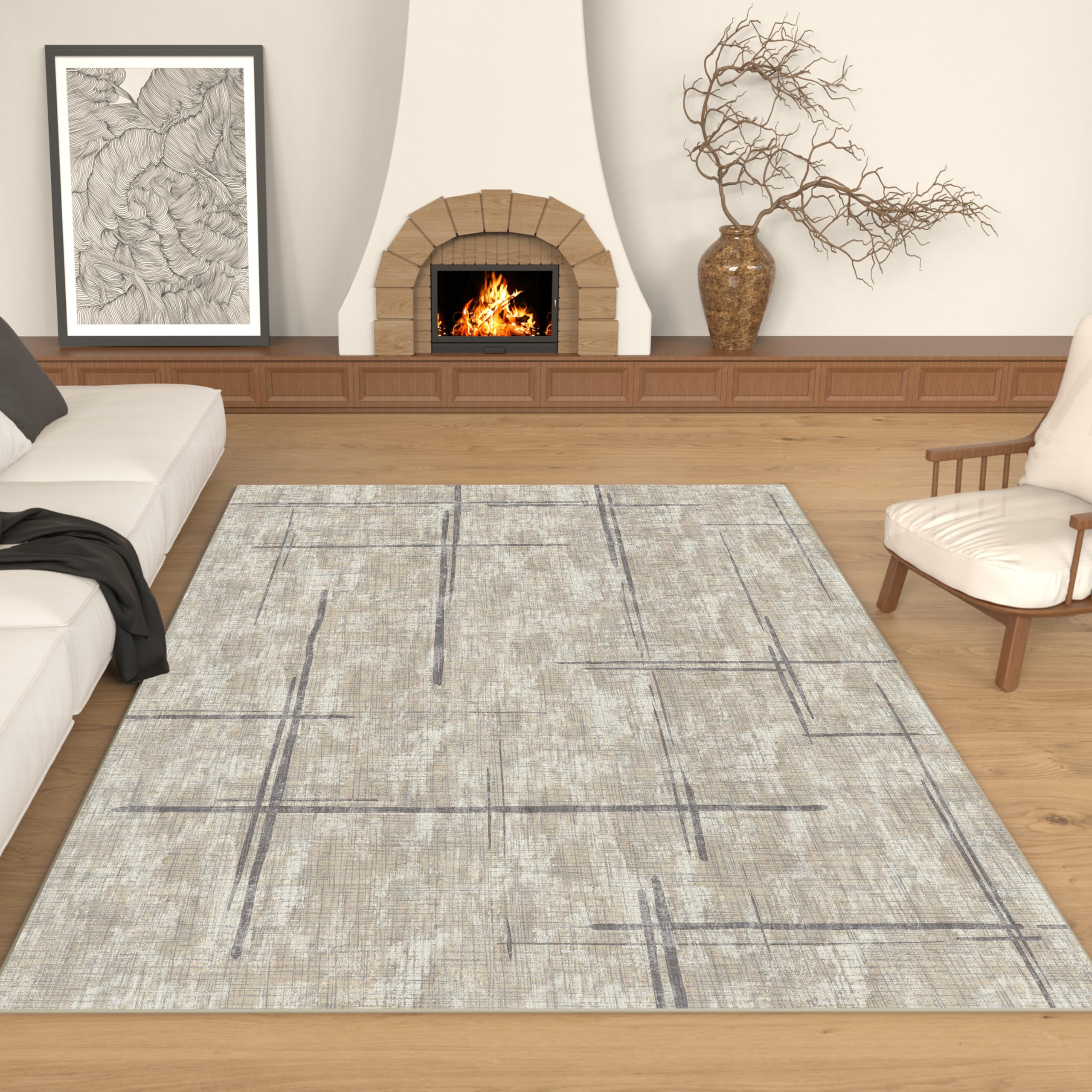 3'x5' Modern Area Rug for Living Room Non-Slip,Machine Low-Pile Throw Soft Washable Area Rugs,Khaki Rug for Bedroom Kitchen Dining Room Laundry
