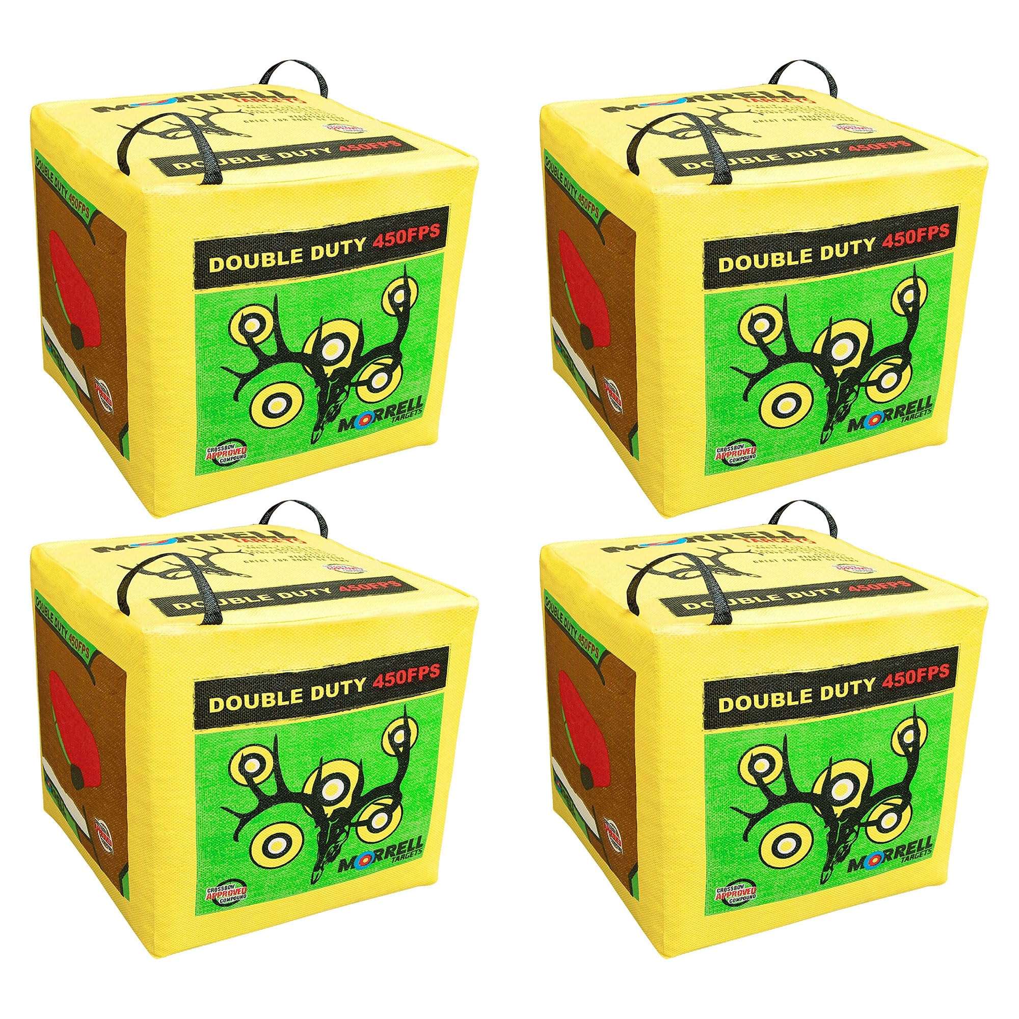 Morrell Double Duty 450 FPS Cube Field Point Archery Bag Target with Traditional Bullseyes, Nine-Ball, Dartboard Game, and Deer Vitals, 4 Pack, Yellow