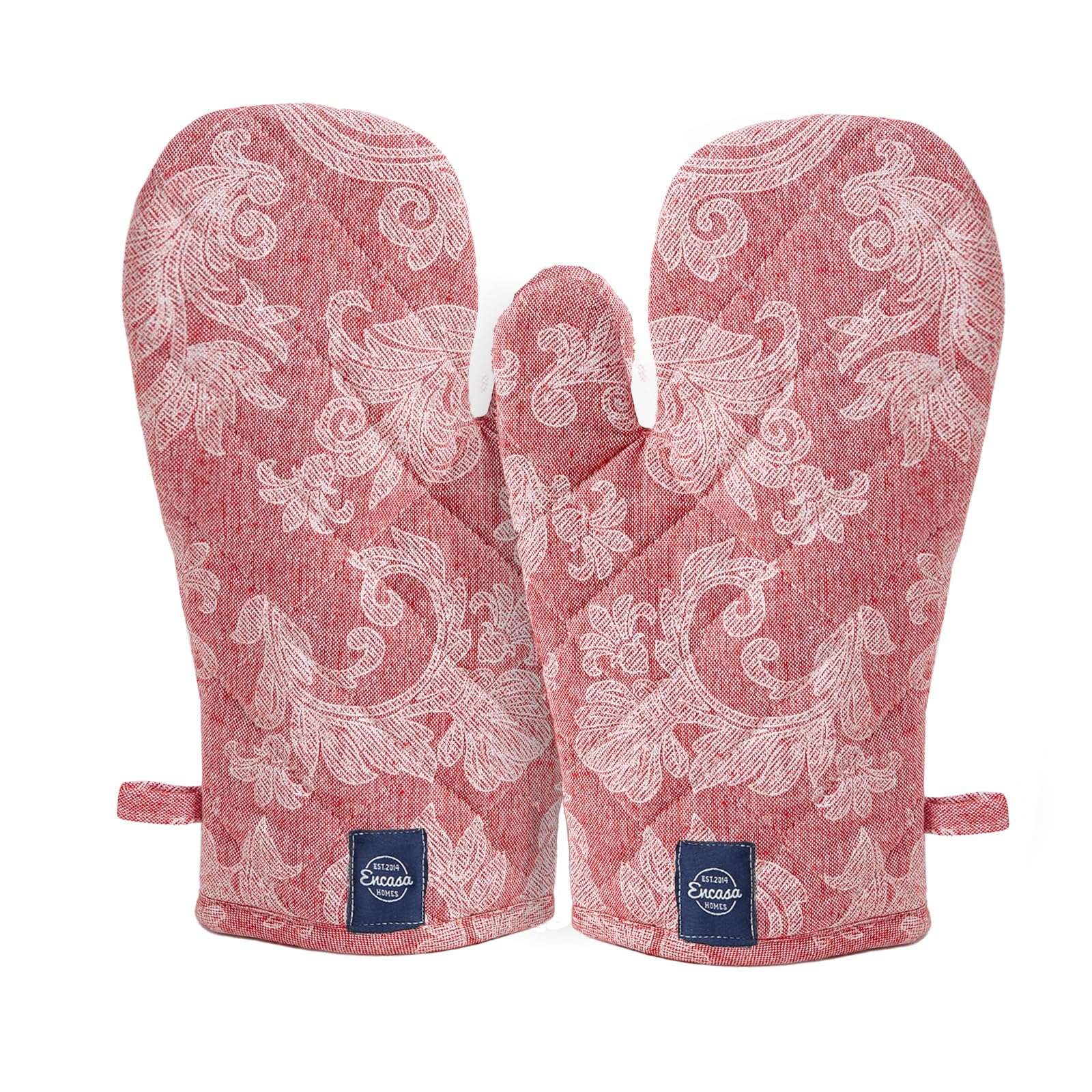 Encasa XO Oven Gloves Heat Proof | Microwave Cooking Mittens for Baking & Kitchen Use | 18x30 cm | Cotton Utensil Holder - Chambray Fabric (Pack of 2 - Red) 6
