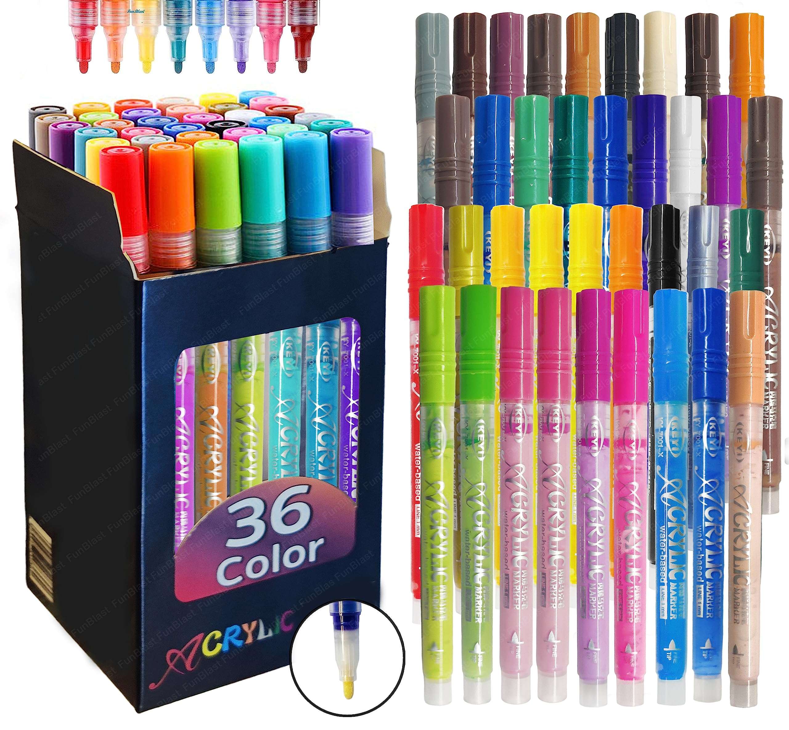 FunBlast 36 Colors Acrylic Color Markers for Art & Craft, Permanent Acrylic Paint Markers Ideal for Rock Painting, Canvas, Photo Album, Craft, School Project, Glass, Ceramic, Wood, Metal (36 Colors) 1