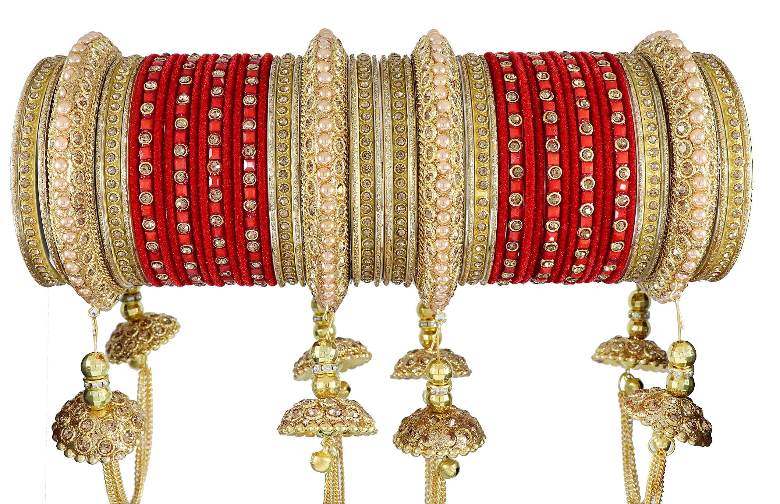 ZULKA Get your traditions Metal with Zircon Gemstone Or Beads Studded worked and Velvet worked Glossy Finished Latkan Chuda Set For Women and Girls, (Red_2.4 Inches), Pack Of 52 Bangle Set 4