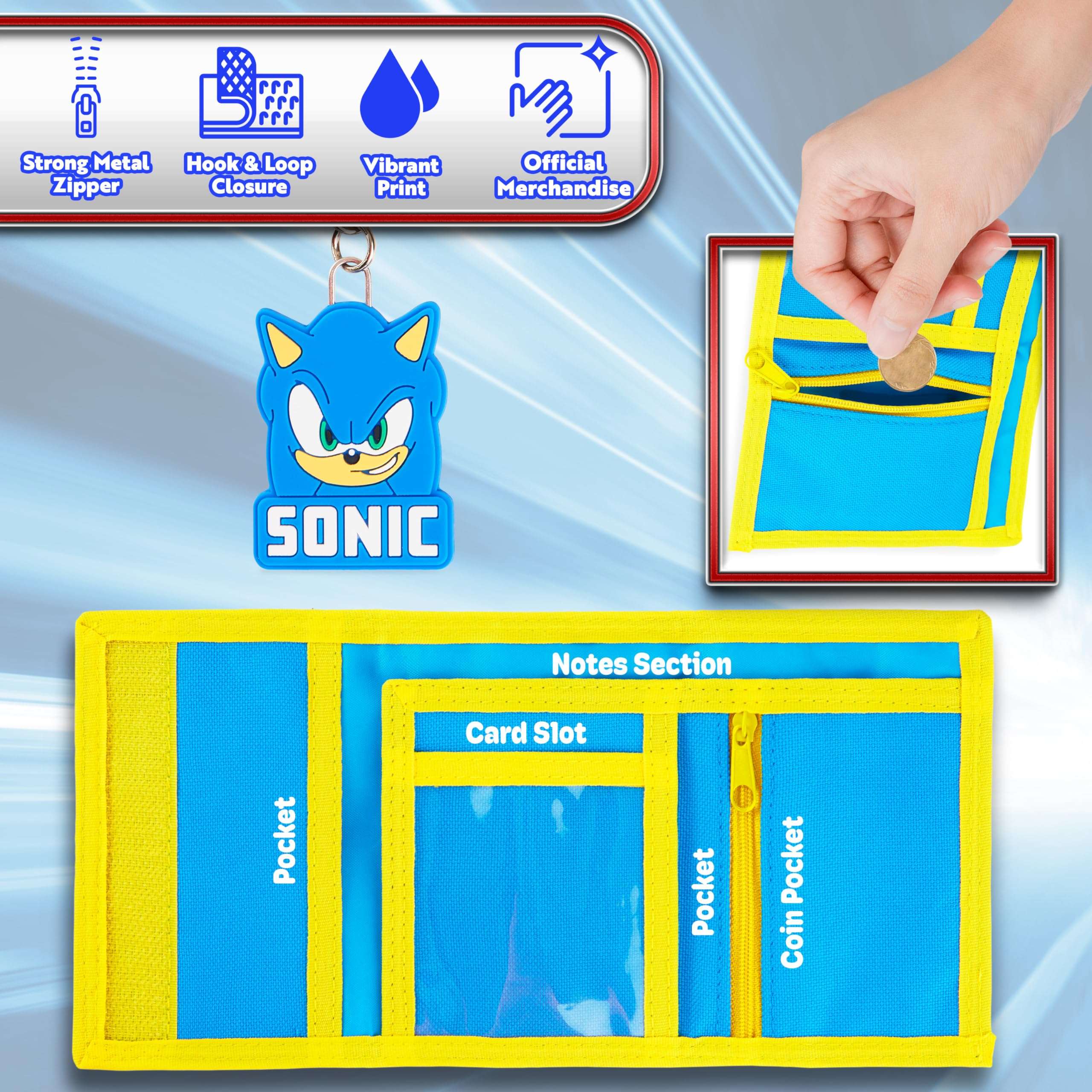 Sonic The Hedgehog Boys Wallet with Keychain for Kids Teens Trifold Card Holder Small Wallet Coin Purse Key Ring Cool Gaming Gifts for Boys 4