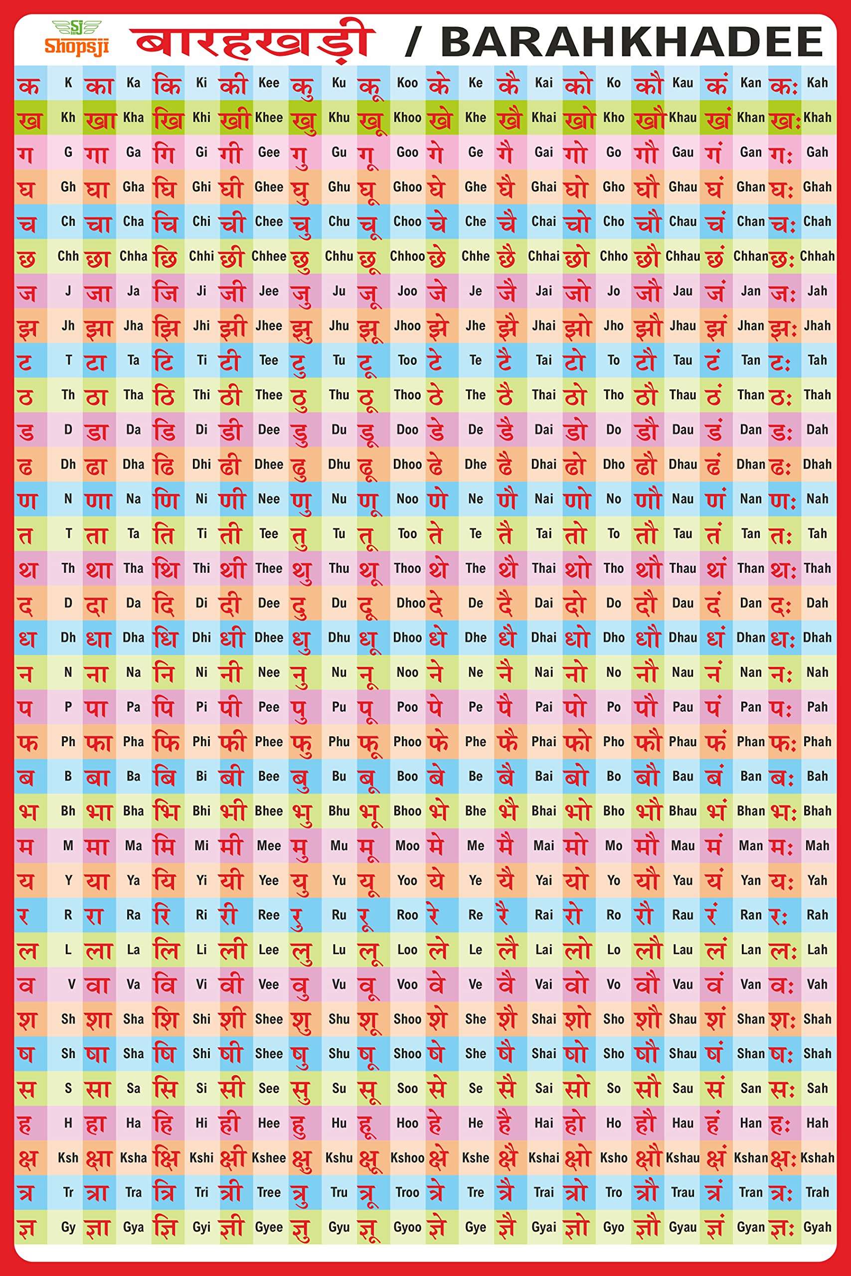 Shopsji Barahkhadi Chart, K Ka Ki Kee Chart | Hindi English Barahkhari | 12 Khari chart | Hindi And English Learning Barahkhari Chart For Kids | size 12x18 ,multicolor