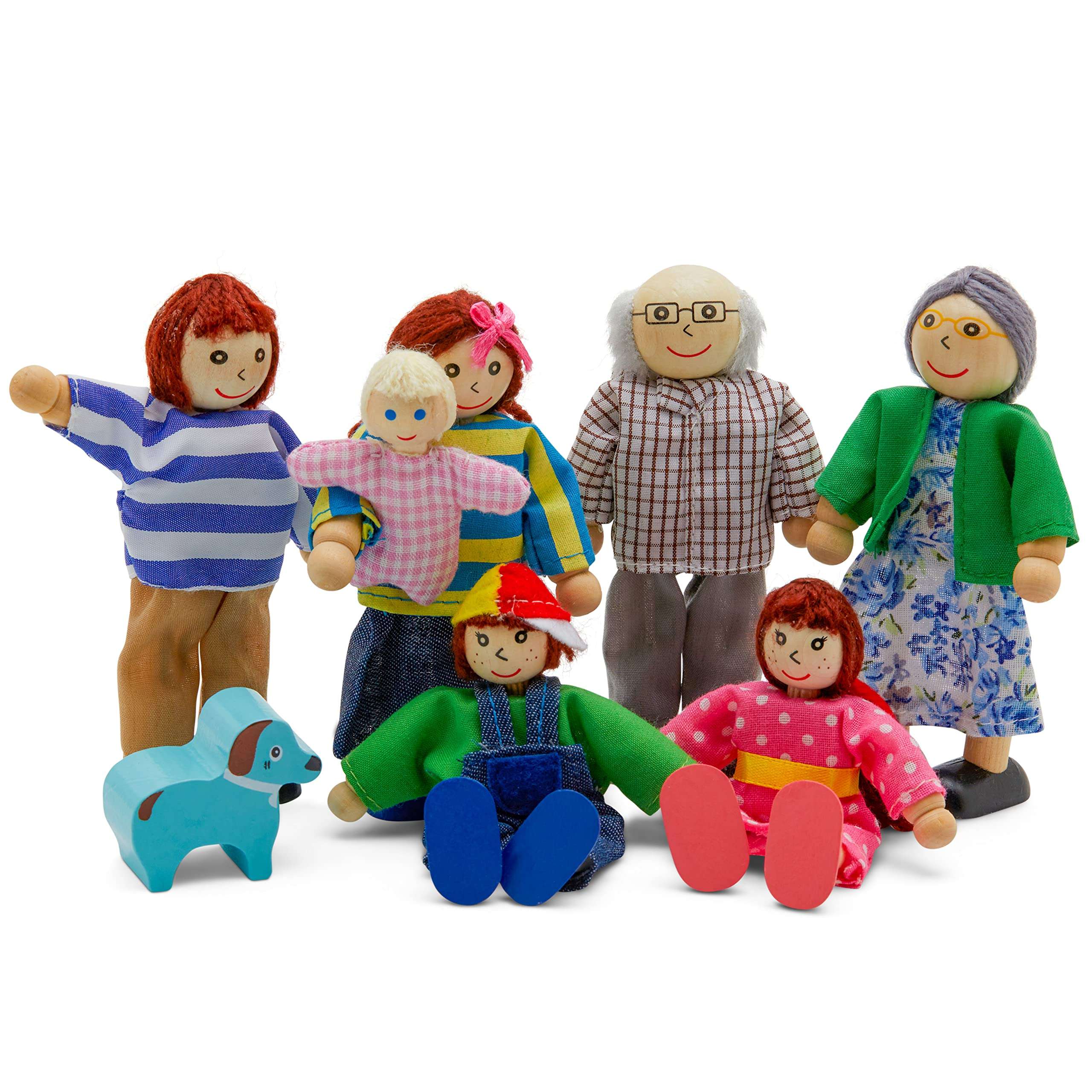 Wooden Dollhouse Family Set - 8 Piece Kit with Mom, Dad, Grandparents, Children, Baby and Dog – 100% Natural Wood, Nontoxic Paint, Smooth Edges 1
