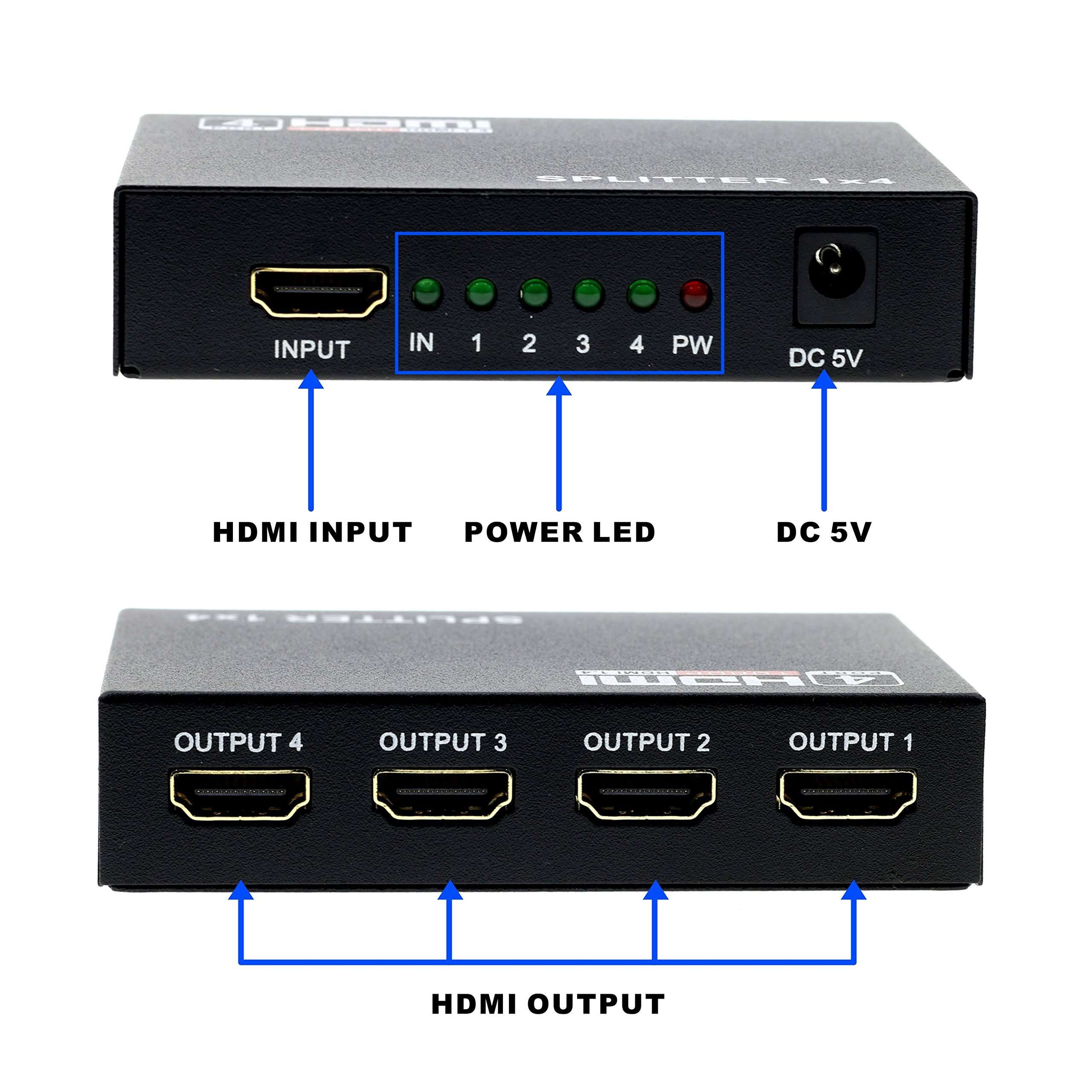 Optimal Shop HDMI Splitter 1 in 4 Out 4 Port 1x4 Full HD 1080P HDMI 1.4 Splitter with Switcher Converter Support 3D 2K 4K Digital Audio Format 4
