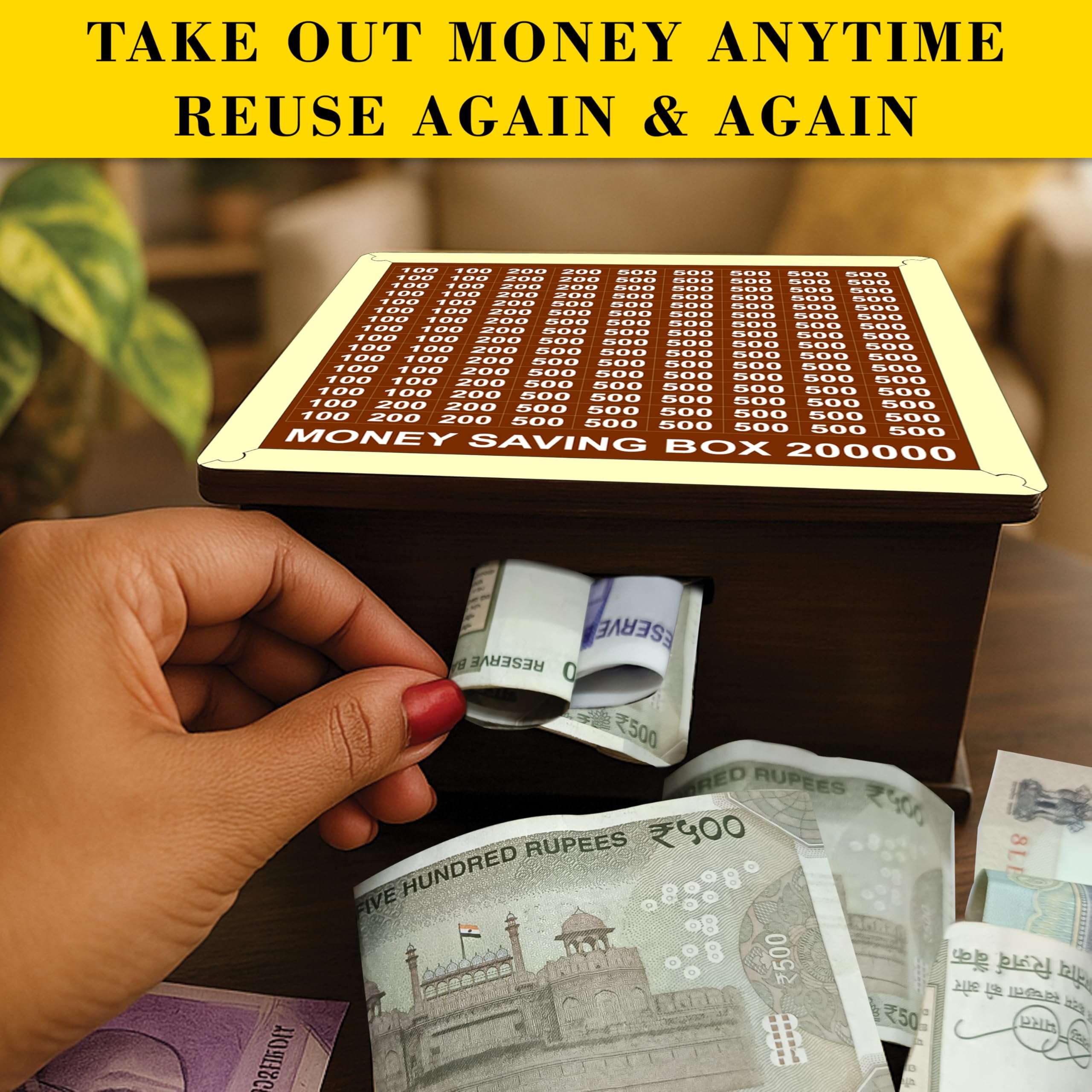 SWAGSTATION Wooden Money Saving Box (₹1 Lakh / 1,00,000 Goal Tracker) | Money Saving Box for Adults 100000 200000 | Wooden Saving Box 100000 | Piggy Bank 100000 | Saving Box/Money Box 5