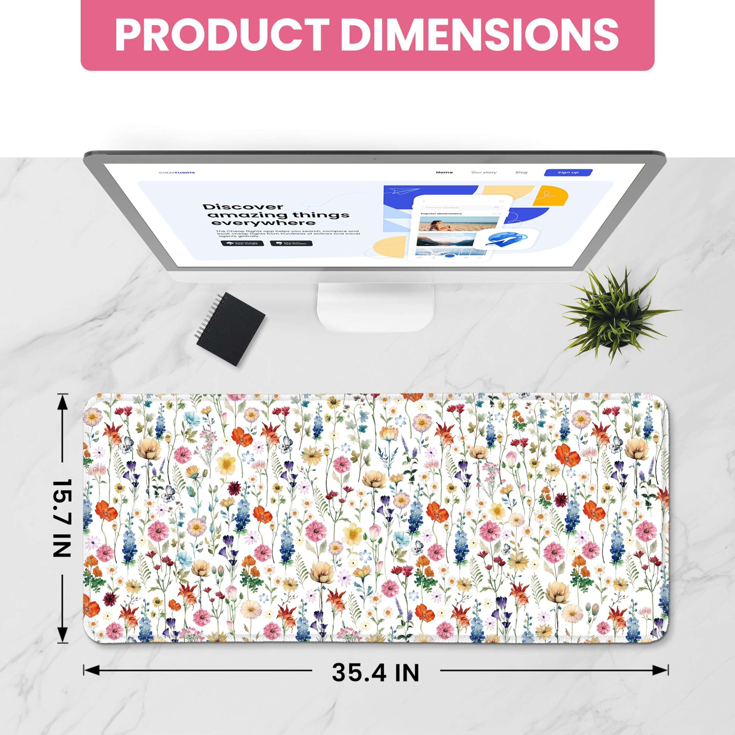 Large Mouse Pad for Desktop, Cute Desk Mat Pad Protector for Work & Gaming, Aesthetic Pretty Anti-Slip Laptop Blotter Cover for Office School Home Supplies, Wildflowers, 35.4" x 15.7" 3