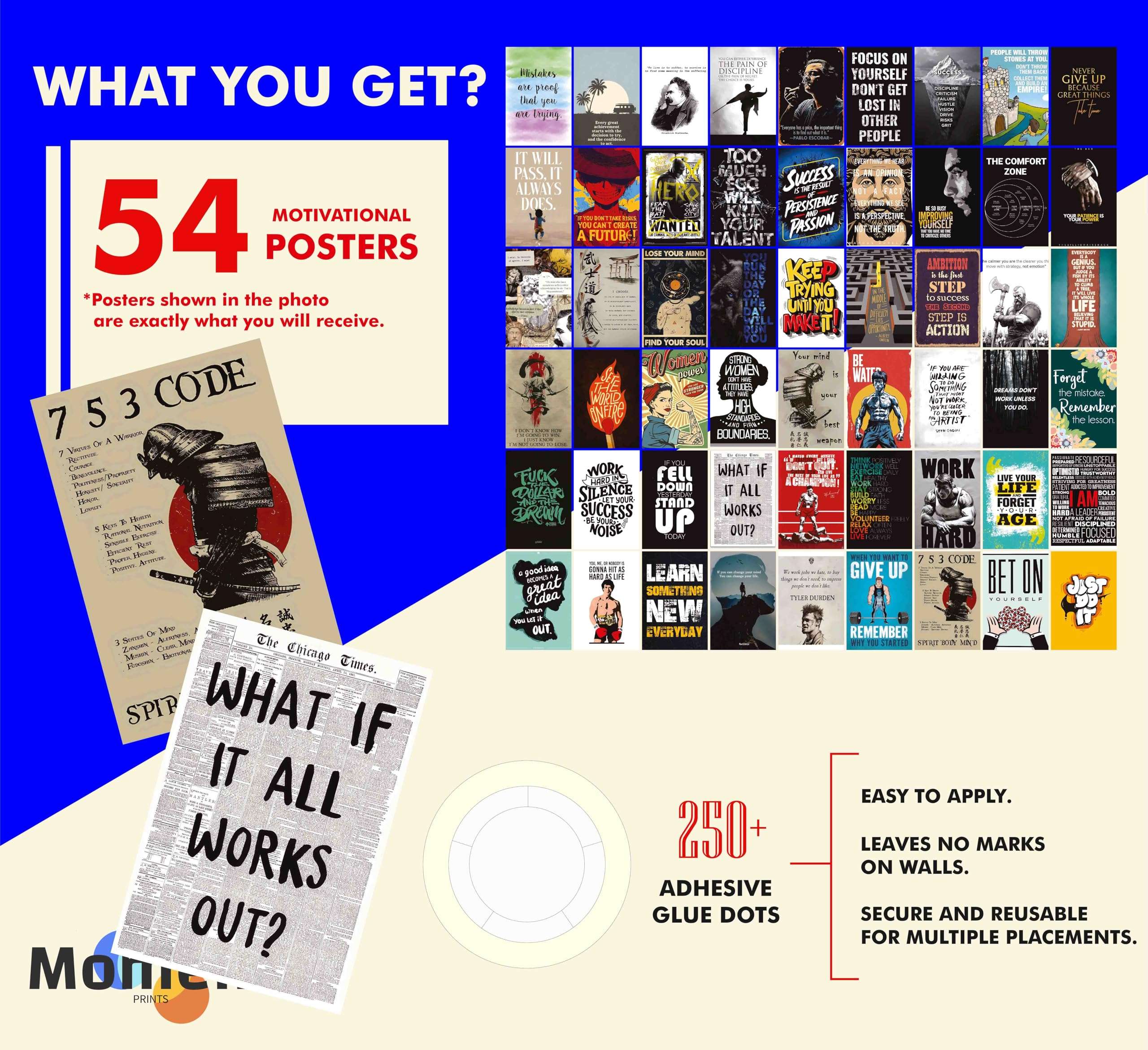 Moment Prints Set of 54 Motivational Inspirational Wall Collage Kit Posters - 4x6 Inches, Matte Finish, Double-Side Tape, Cardstock Included - Perfect for Office, Gym, Study Room Decoration 4