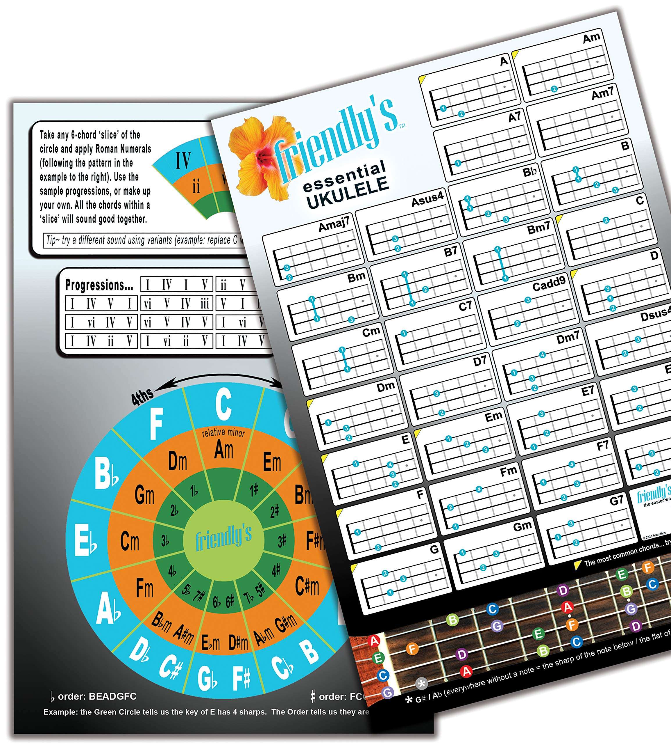 Ukulele Chord Chart | 6”x 9” Ukulele Cheat Sheet | Fretboard, Circle of Fifths, Progressions | Laminated Low Glare | Easy Reference Chord Chart 1
