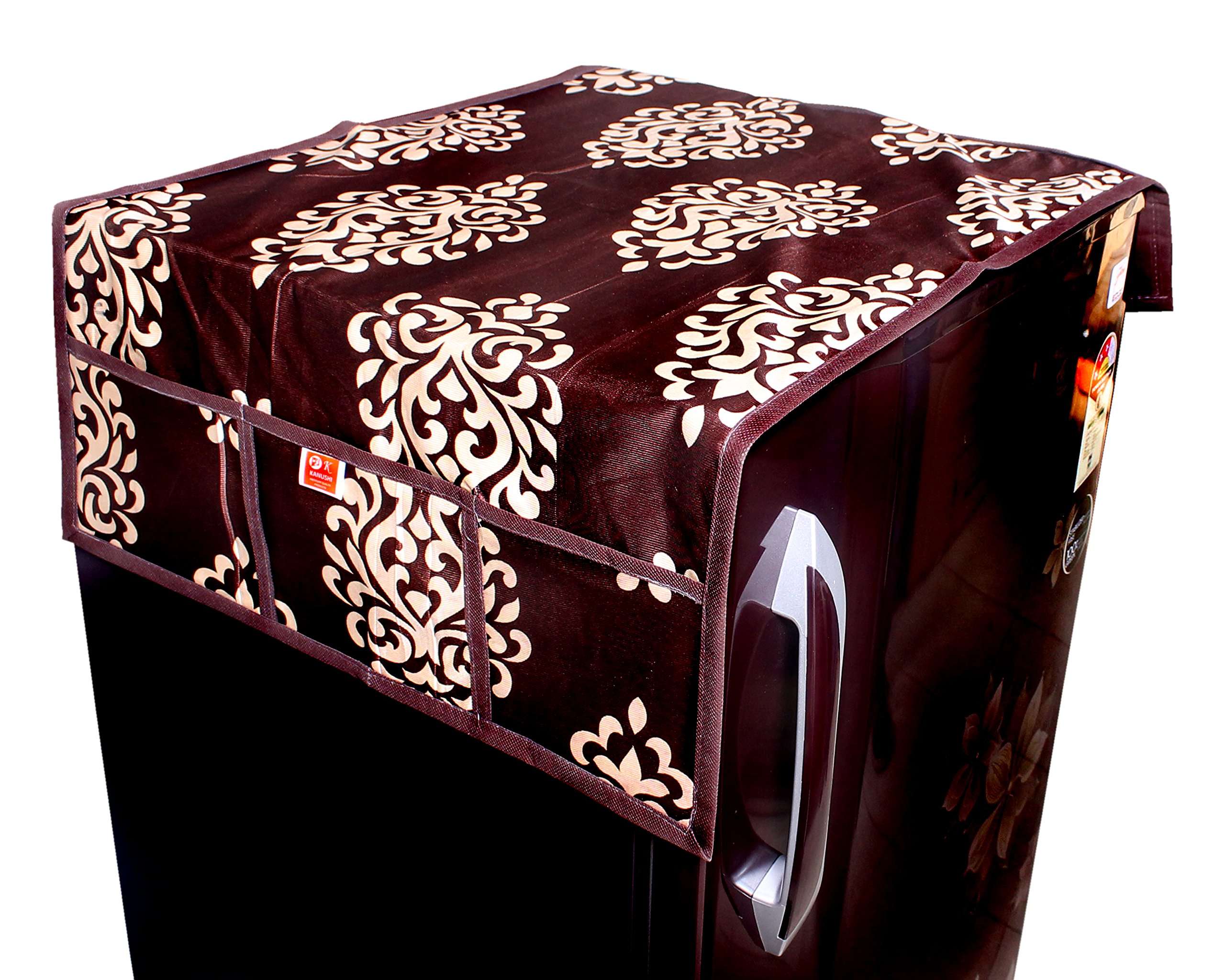KANUSHI Industries® Front Load Automatic Washing Machine Cover + 1 Pc Fridge/Refrigerator Cover + 1 Pc Microwave/Oven Top Cover(Copy-FRI+Micro+W.M-Front-Brown-Floral) 3