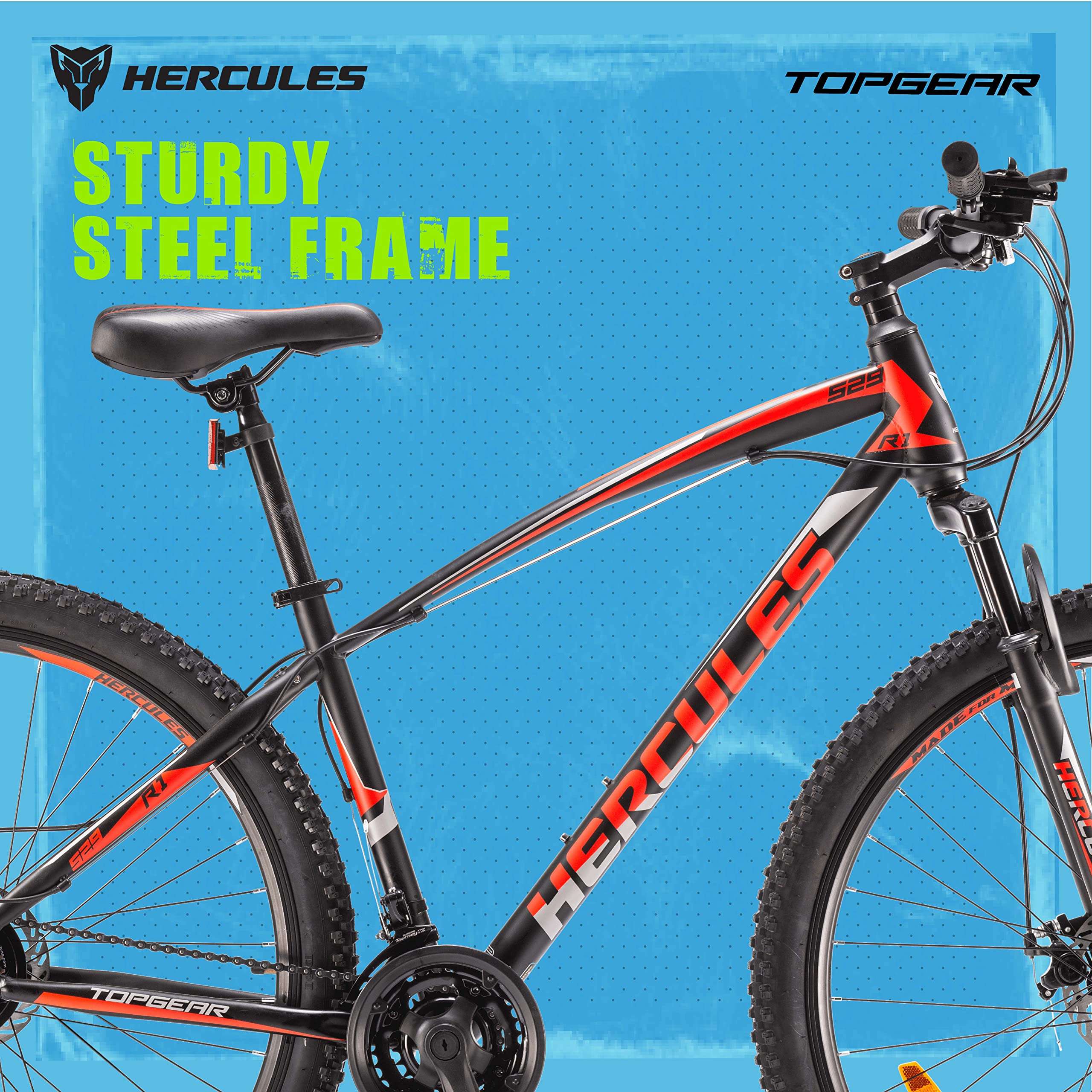 Hercules TOP GEAR-S29 R1 Mountain Cycle with Shimano Gears| Speed Bike with Front Suspension, Dual Disc Brake Bicycle for Men Mountain Bike | Ideal for 15+ Years, Unisex, Frame : 17 inch | Matte Black 6