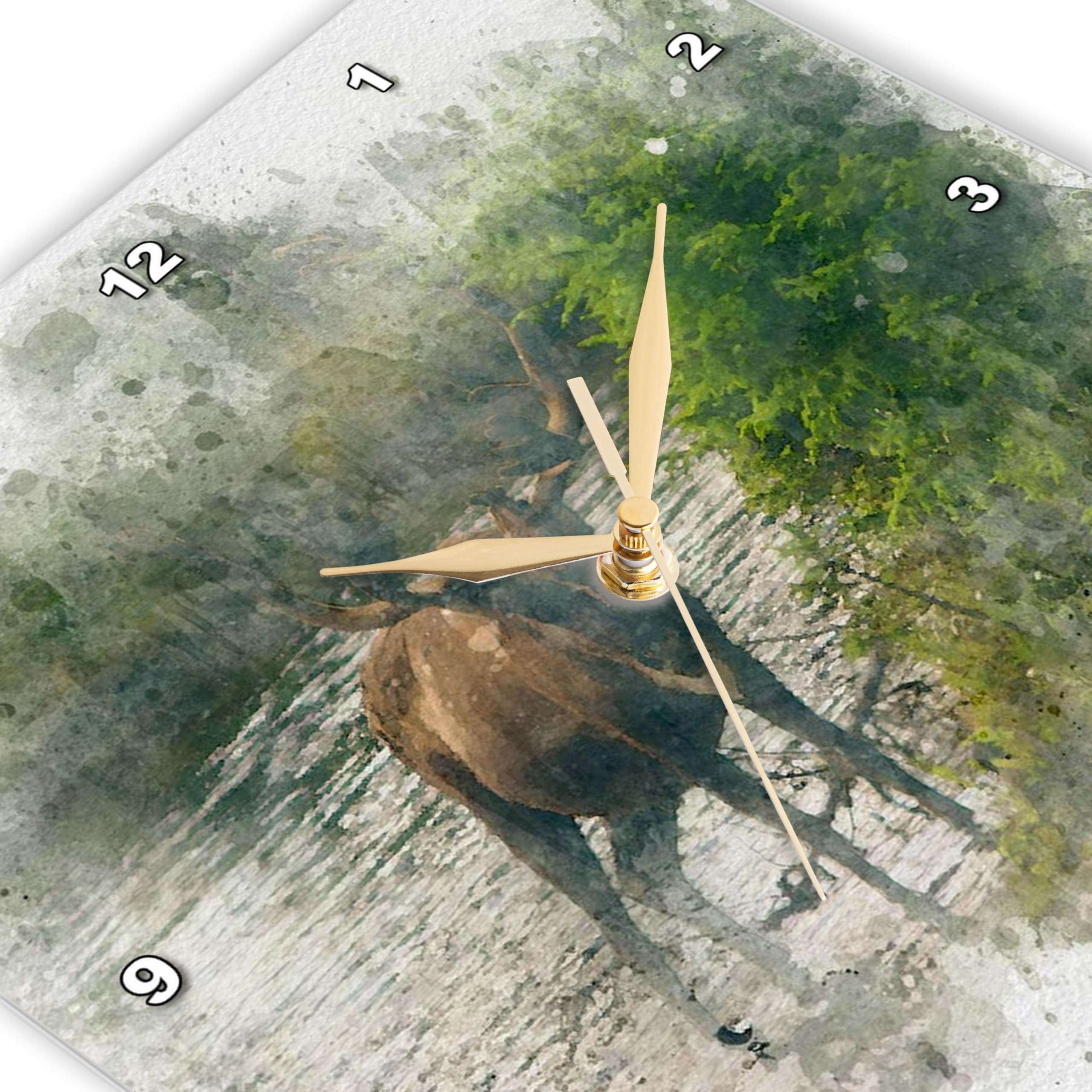 3dRose Wall Clock Silent - 15 inch - Image of Watercolor Deer Buck On A Lake Art - Impressionist Mixed Media Art 3