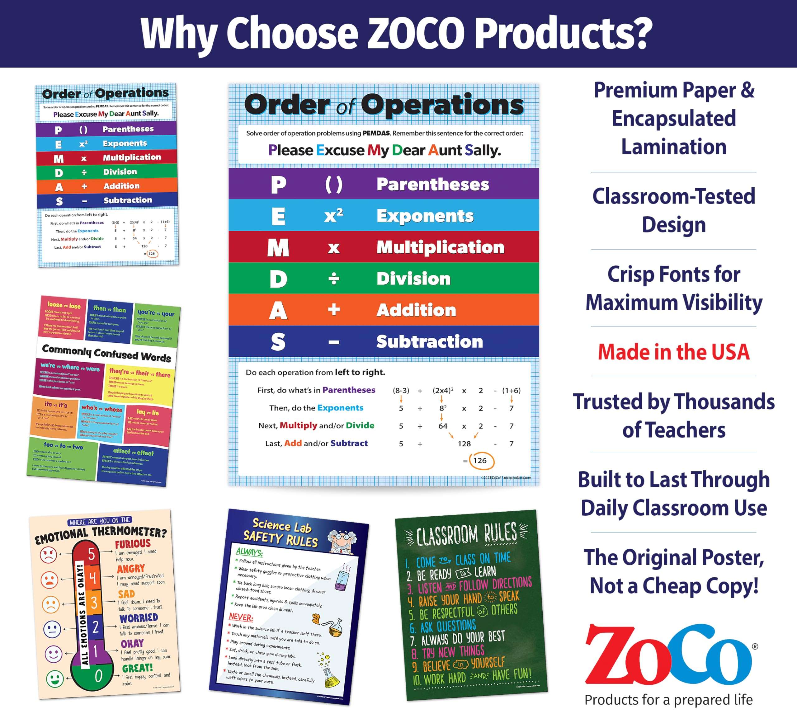 Safety Magnets ZOCO – Order of Operations, PEMDAS Poster – Algebra Math Classroom Decor for 5th 6th 7th Grade – Laminated 17x22 – Anchor Chart for Elementary Middle School Teachers Homeschool 5