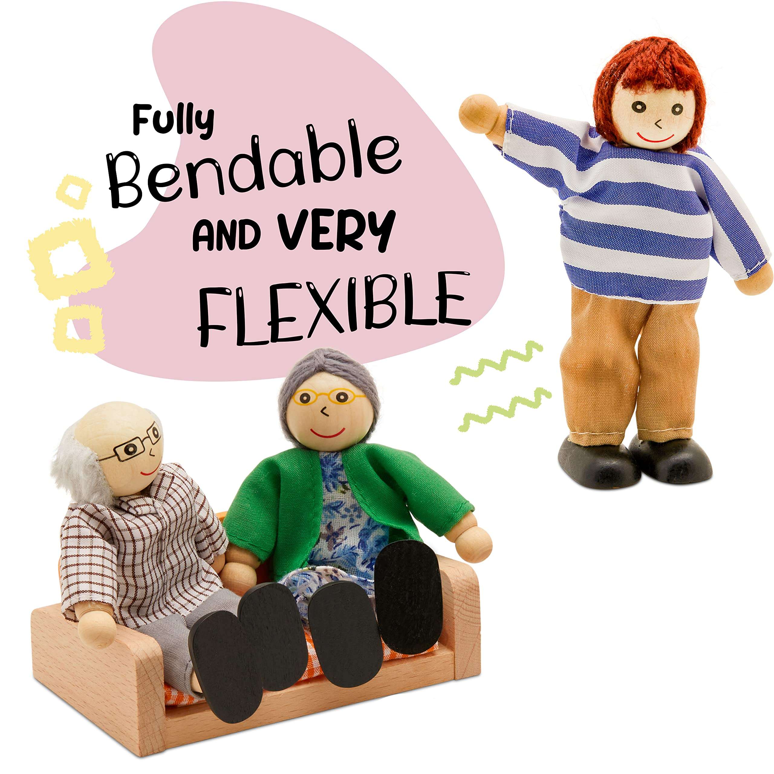 Wooden Dollhouse Family Set - 8 Piece Kit with Mom, Dad, Grandparents, Children, Baby and Dog – 100% Natural Wood, Nontoxic Paint, Smooth Edges 5