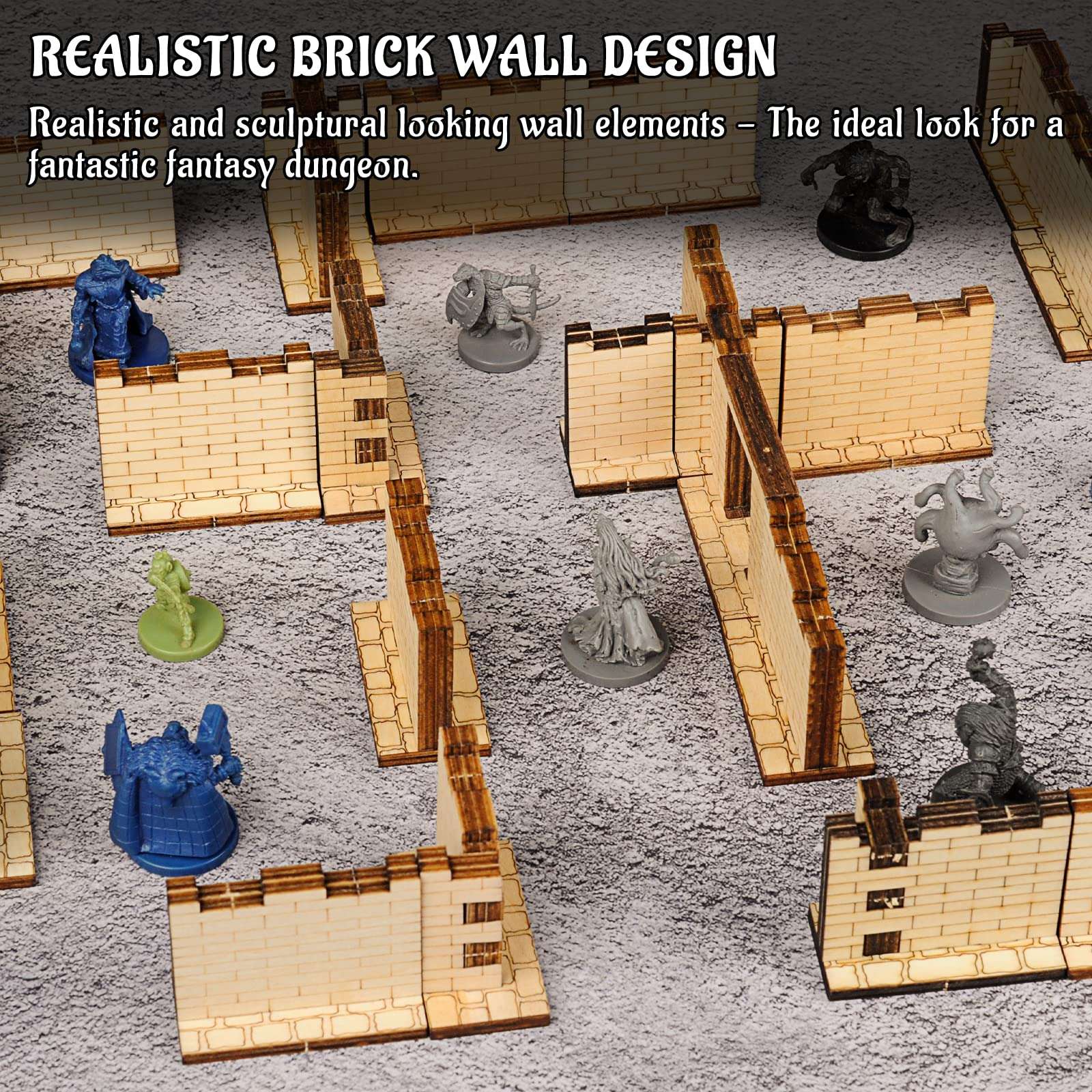 Dungeon Brick Walls (Set of 16) Wood Laser Cut 2" x 1" 3D Modular Terrain Tiles 28mm Scale Perfect for D&D, Dungeons & Dragons, Wargames and Other Tabletop RPG 4