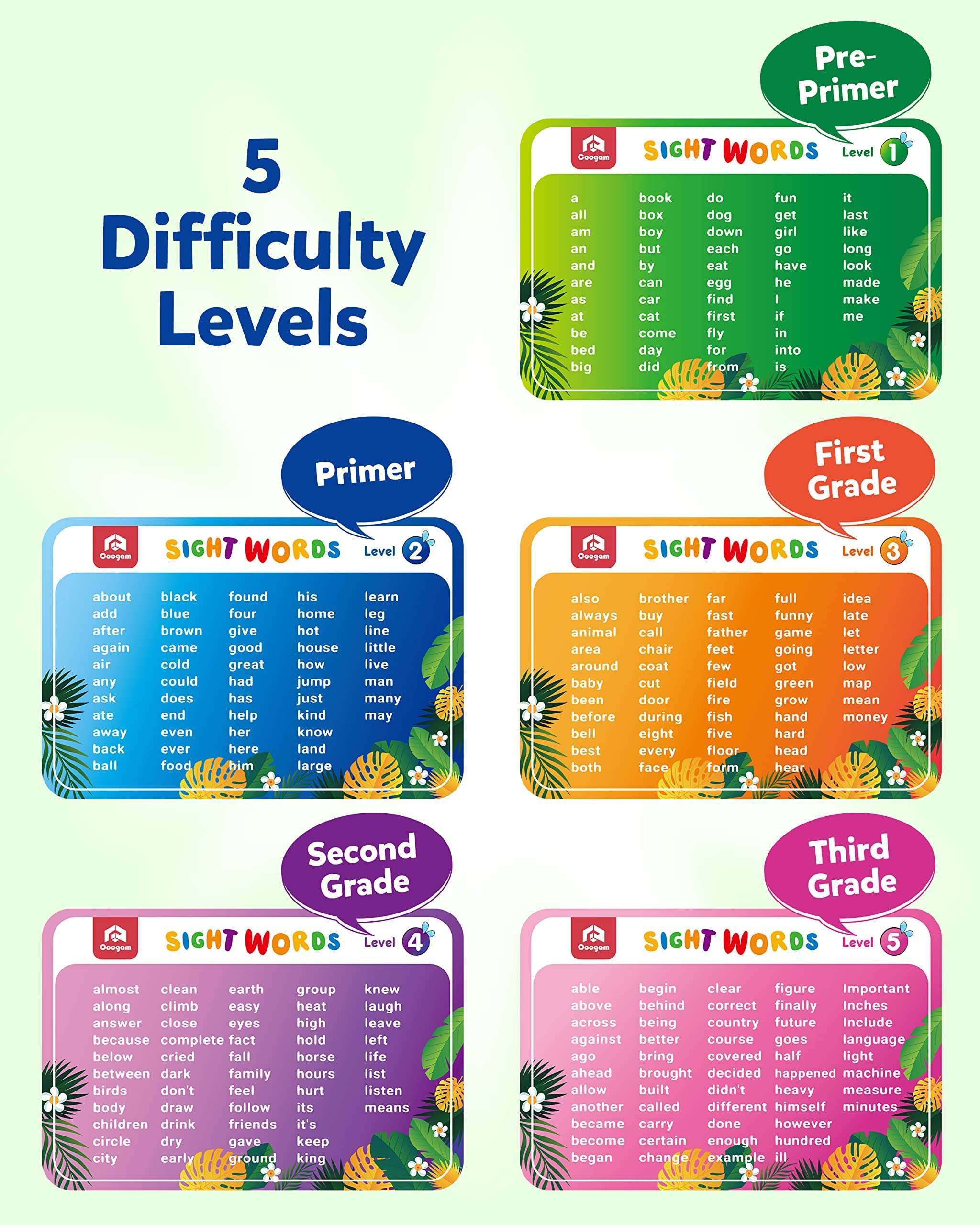 Coogam Sight Words Game with 400 Fry Sight Words and 4 Fly Swatters Set, Dolch Word List Phonics, Literacy Learning Reading Flash Cards Toy Games for Kindergarten,Home School Kids 3 4 5 Year Old 3