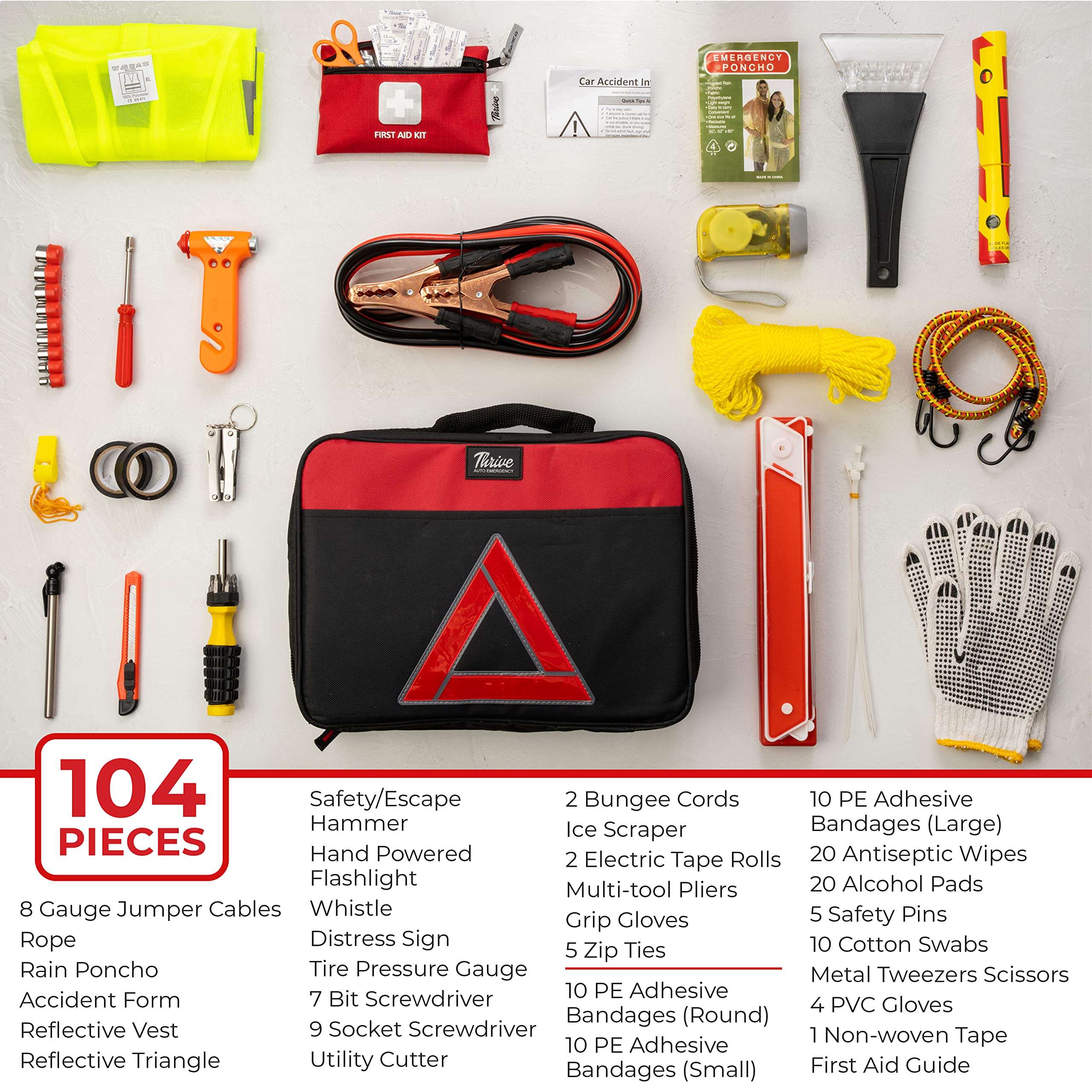 Thrive Emergency Car Kits for Vehicles - Roadside Emergency Car Kit (104 Pieces) - Car Kits for Emergency - Roadside Car Kit with Jumper Cables and Mini First Aid Kit - Gray Bag 2