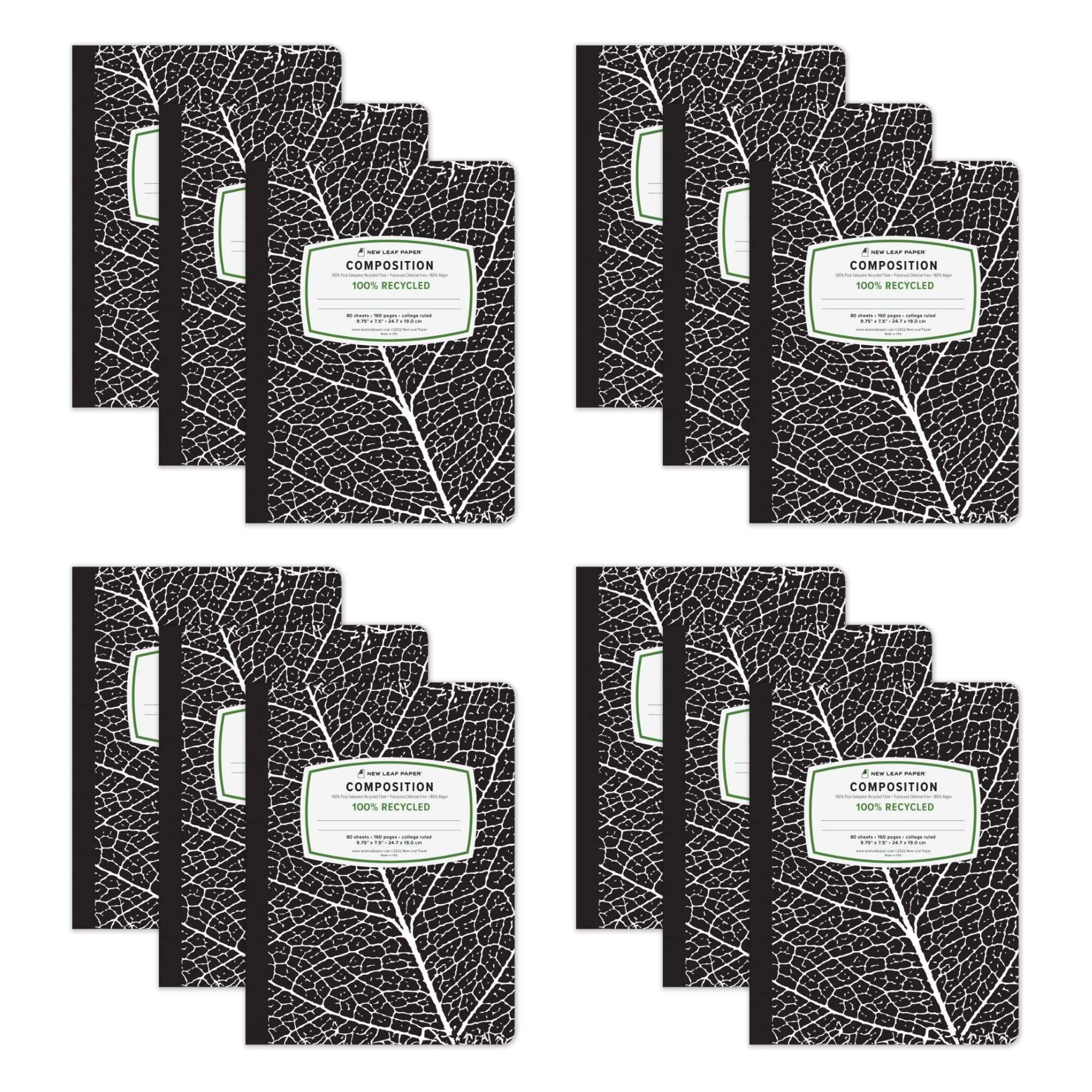 New Leaf Paper Composition Books, 12 Pack, Sustainability Designed, 9.75”x 7.5", 80 Sheets, 100% Recycled College Ruled Pages, 100% Post-Consumer Recycled Fiber, Made in USA, Black Cover 1