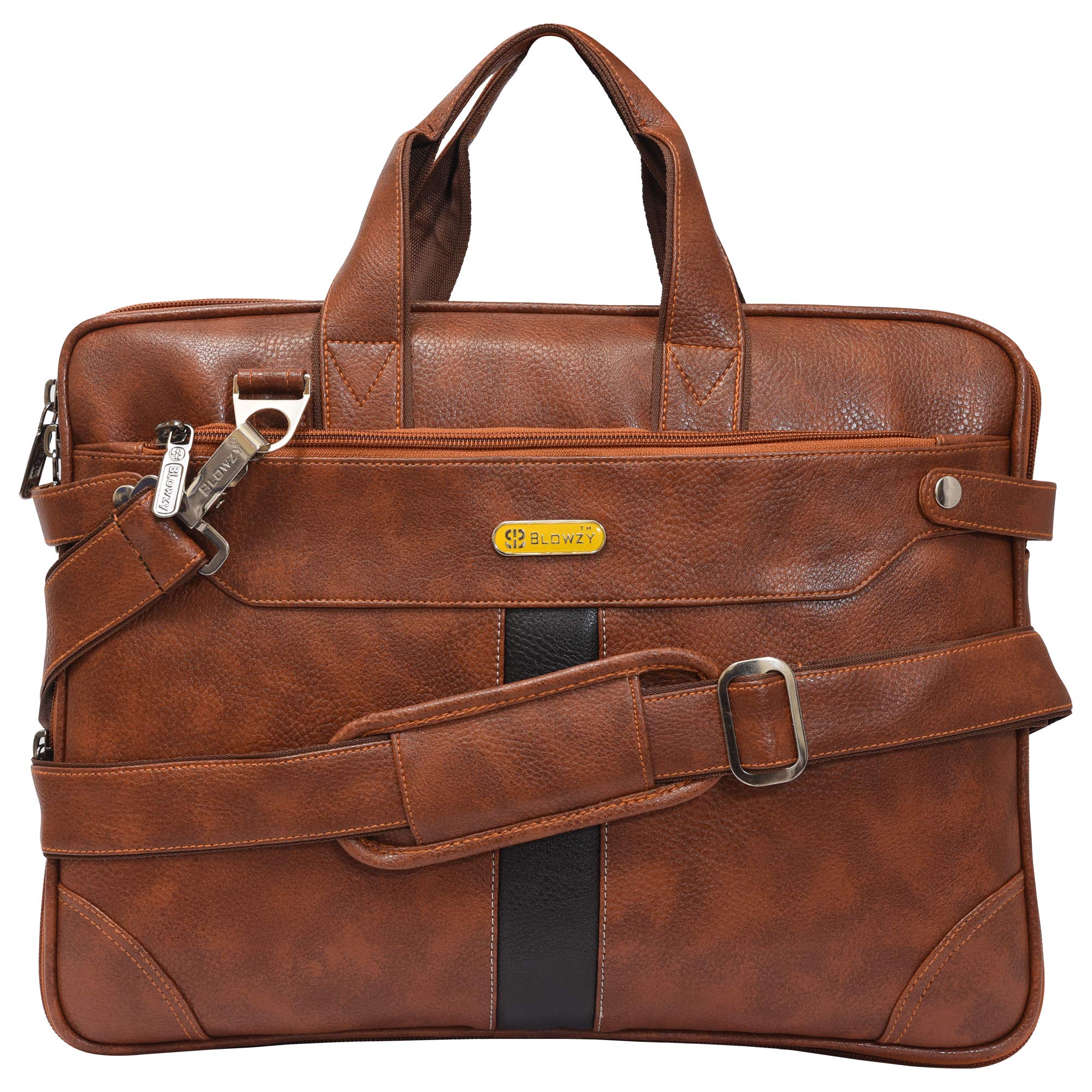 Blowzy Bags PU Leather 14 inch Laptop Expandable Shoulder Messenger Sling Office Bag for Men & Women – (40 x 29 x 6 cm, (Tan)