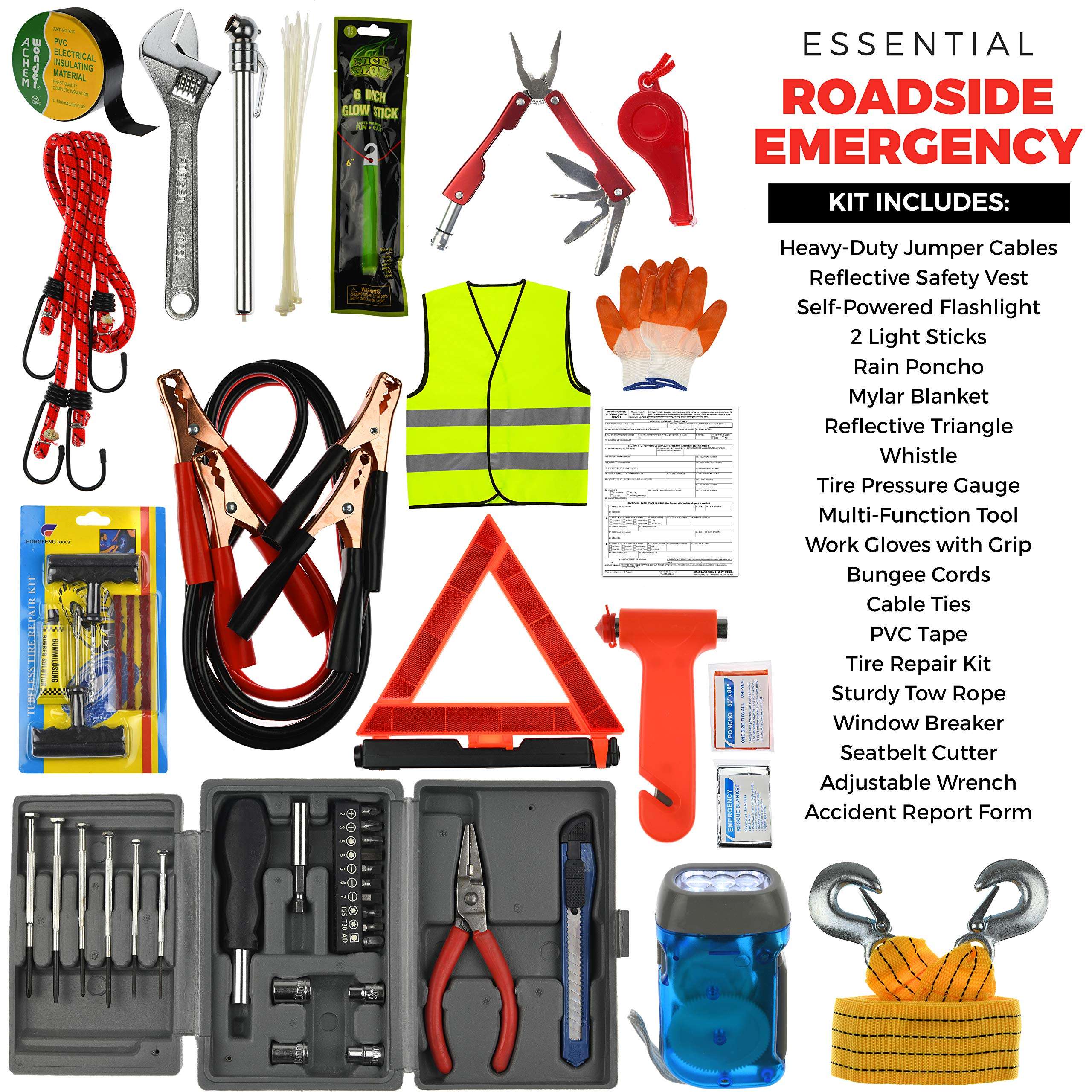 Kolo Sports Roadside Emergency Car Kit - 156-Piece Multipurpose Emergency Pack with Automotive Tools and First Aid Kit - Car Tool Kit Includes Heavy-Duty Jumper Cables and Tire Pressure Gauge 3