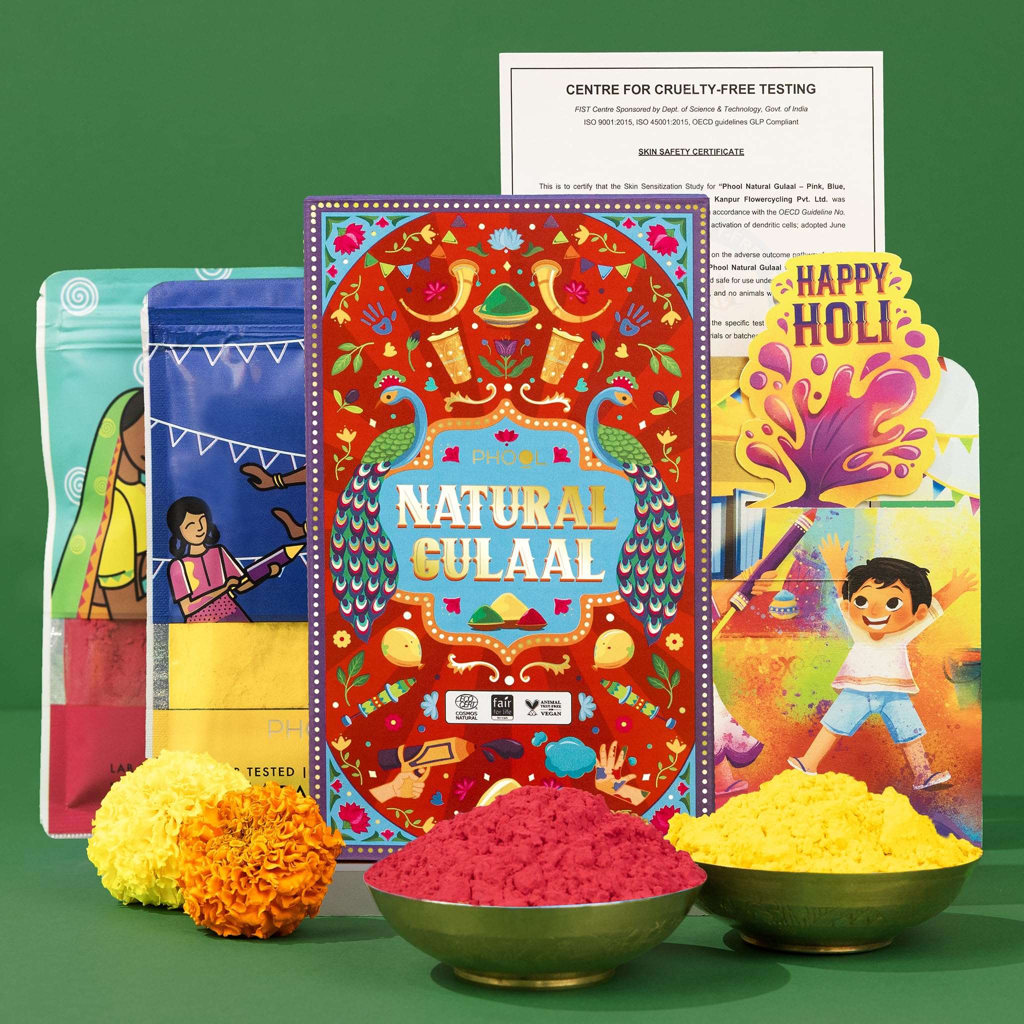 Phool Double Dhamaal Natural Gulal Pack (Yellow + Red) | 150 GMS Natural gulal Holi Colors | Skin Safe gulal with Certificate | Holi Gulal Pack for Kids & Family | Interactive Card 1