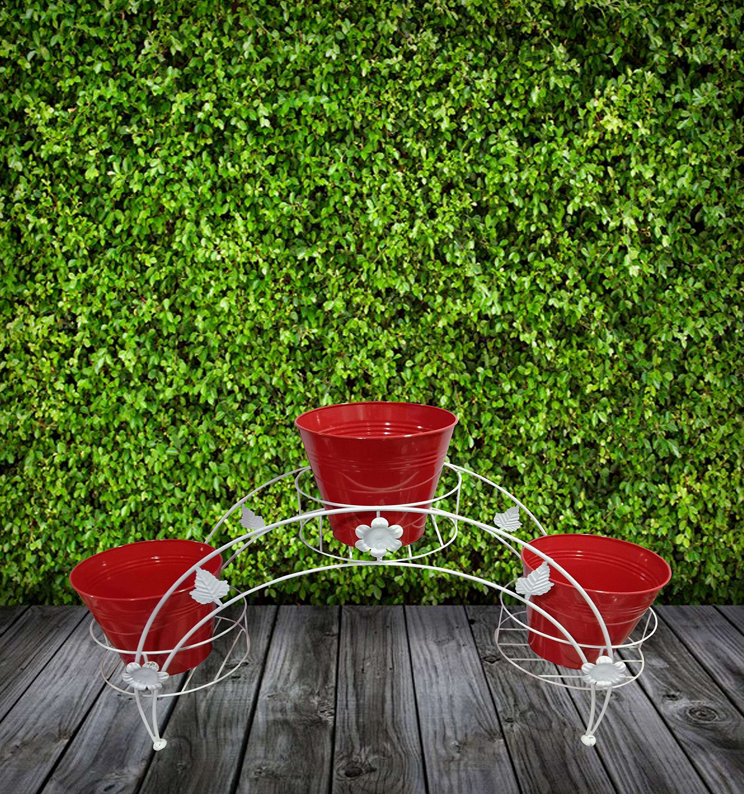 GIG Handicrafts 3 Tier Iron Pot Stand Plant Stand Plant Holder with 3 Metal Planters (65 cm x 18 cm x 30 cm, White & Red) 3
