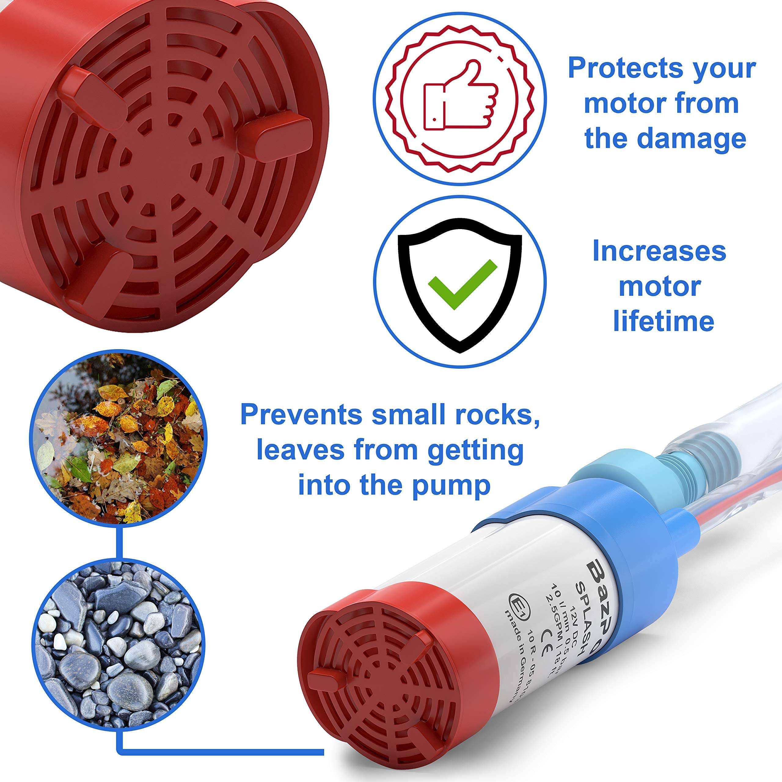 BAZPO 12V Mini Portable Submersible Water Pump | for RV, Camper, Aquarium, Hydroponic, Well, Jug, Solar Panel | Battery-Operated Small Electric Sump Pump with Valve and Filter | German Made 6