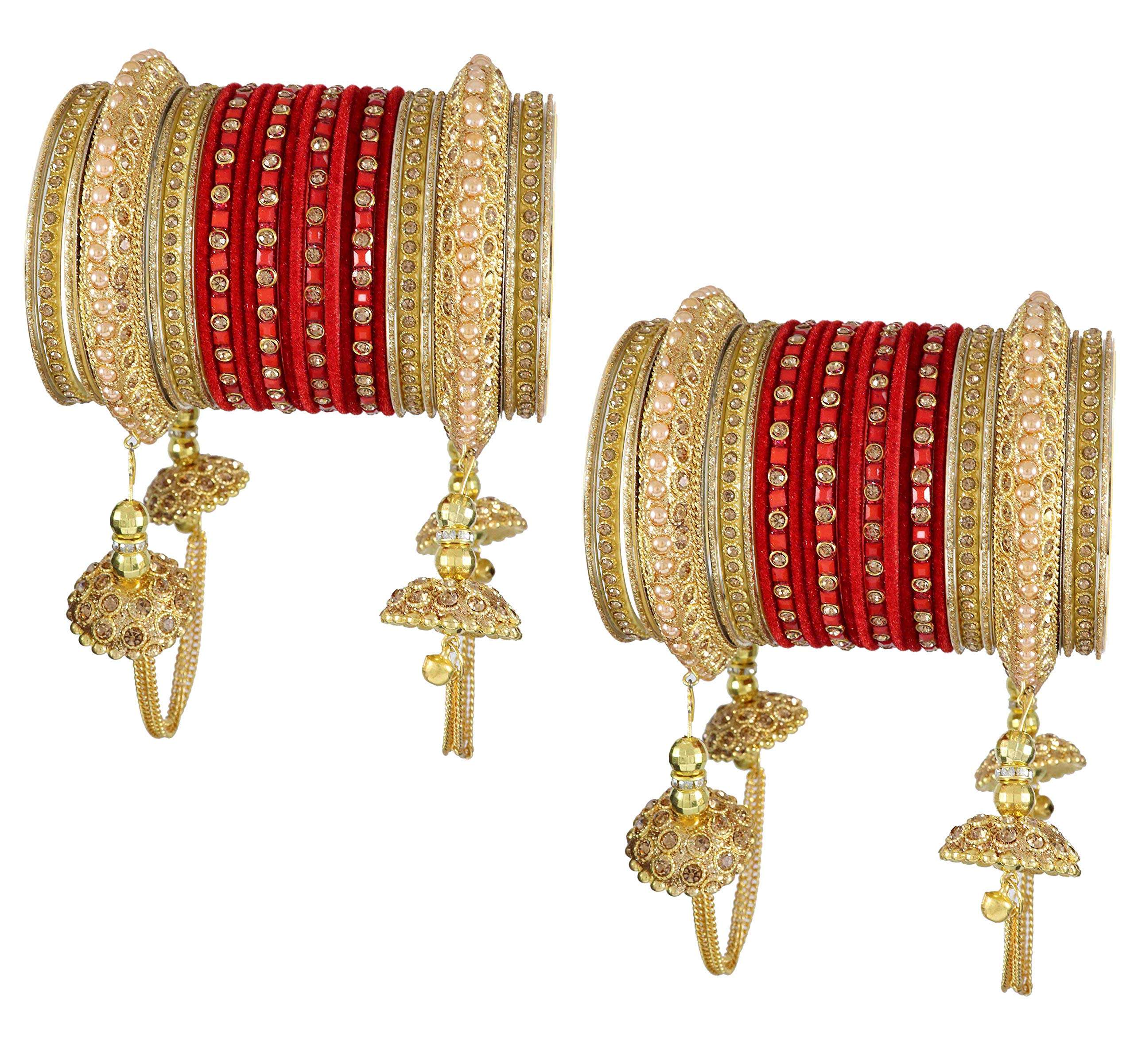 ZULKA Get your traditions Metal with Zircon Gemstone Or Beads Studded worked and Velvet worked Glossy Finished Latkan Chuda Set For Women and Girls, (Red_2.4 Inches), Pack Of 52 Bangle Set 3