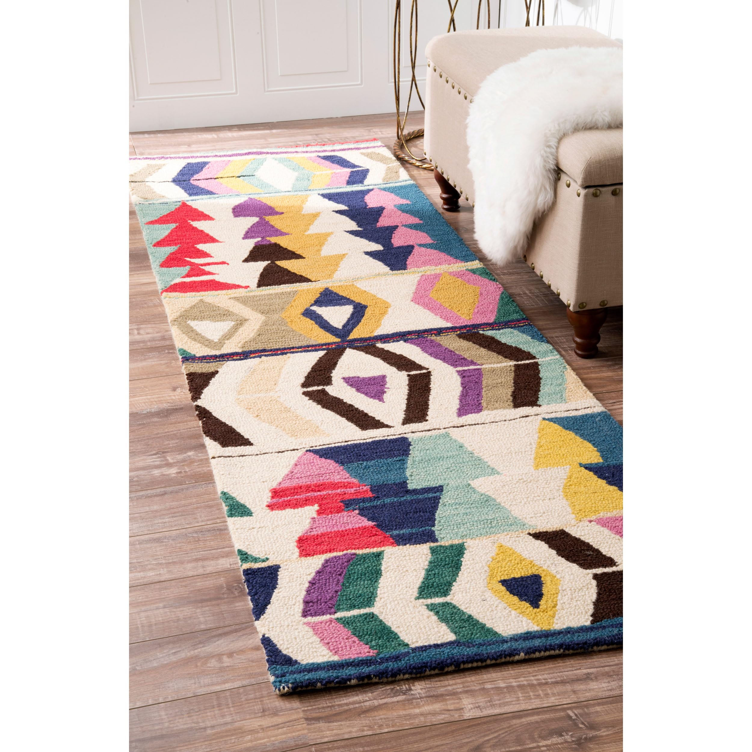 nuLOOM Ofelia Geometric 2'6" x 6' Wool Runner Rug for Living Room Bedroom Dining Room Entryway Hallway Kitchen, Multicolor/Black