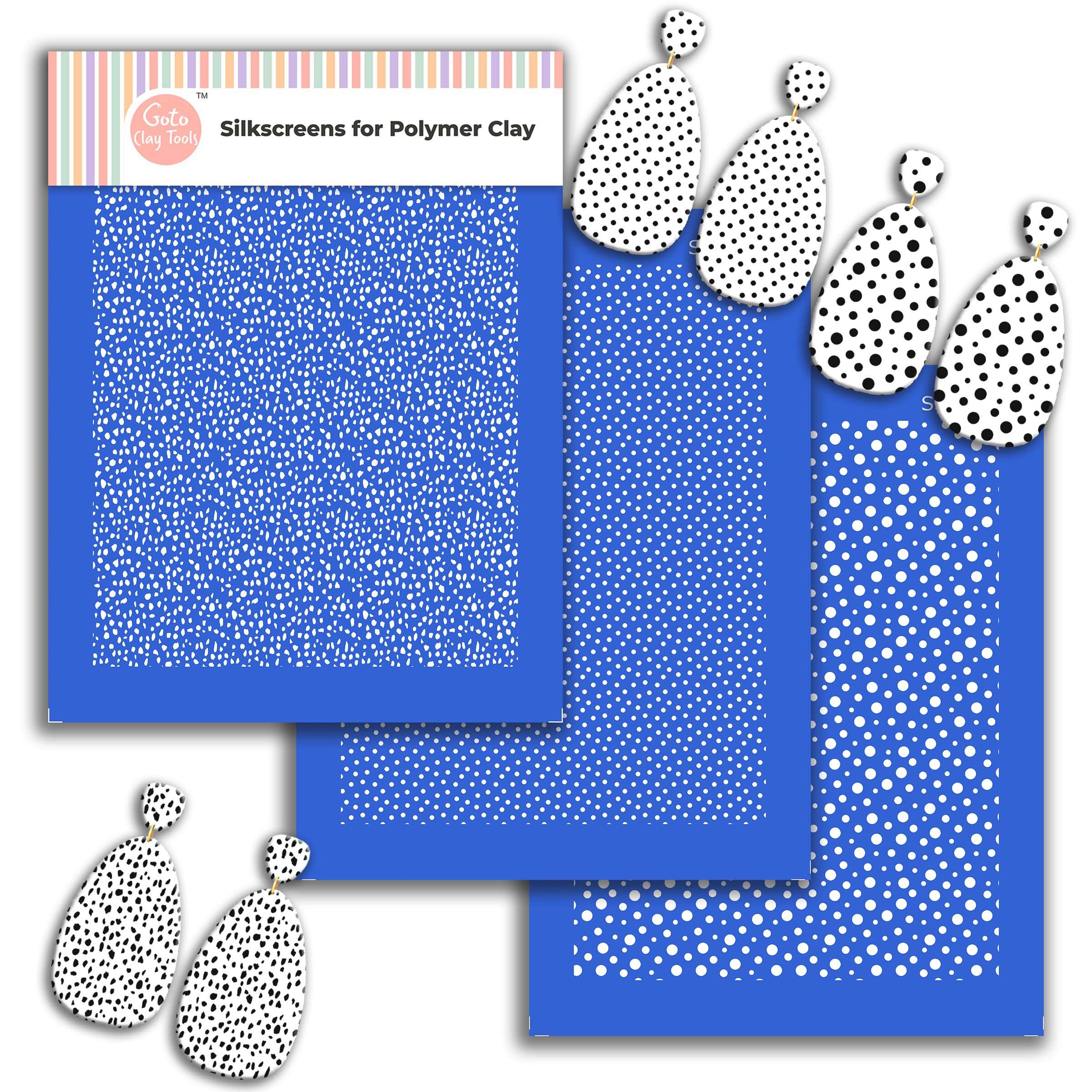GOTO Clay Tools Multi Pattern Silk Screen Stencils for Polymer Clay, 3 PCS Polka dots Pattern Silkscreen for Polymer Clay Earring Making, Reusable Silk Screen Stencils SSCMB-5 1