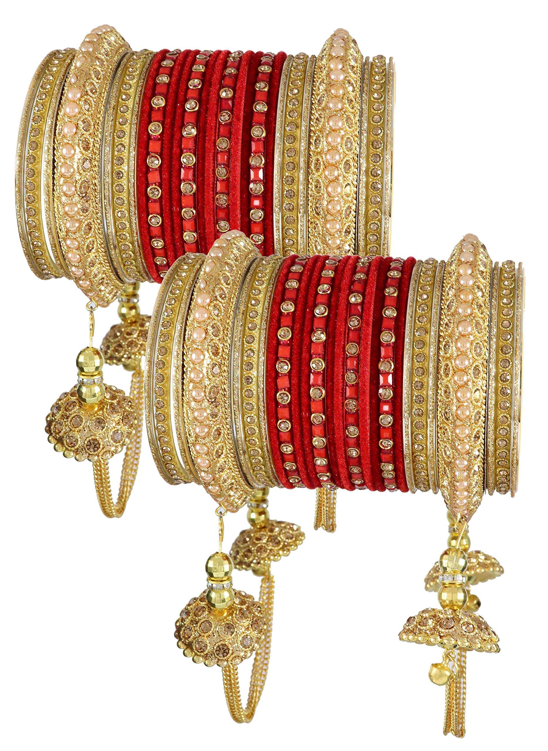 ZULKA Get your traditions Metal with Zircon Gemstone Or Beads Studded worked and Velvet worked Glossy Finished Latkan Chuda Set For Women and Girls, (Red_2.4 Inches), Pack Of 52 Bangle Set 1