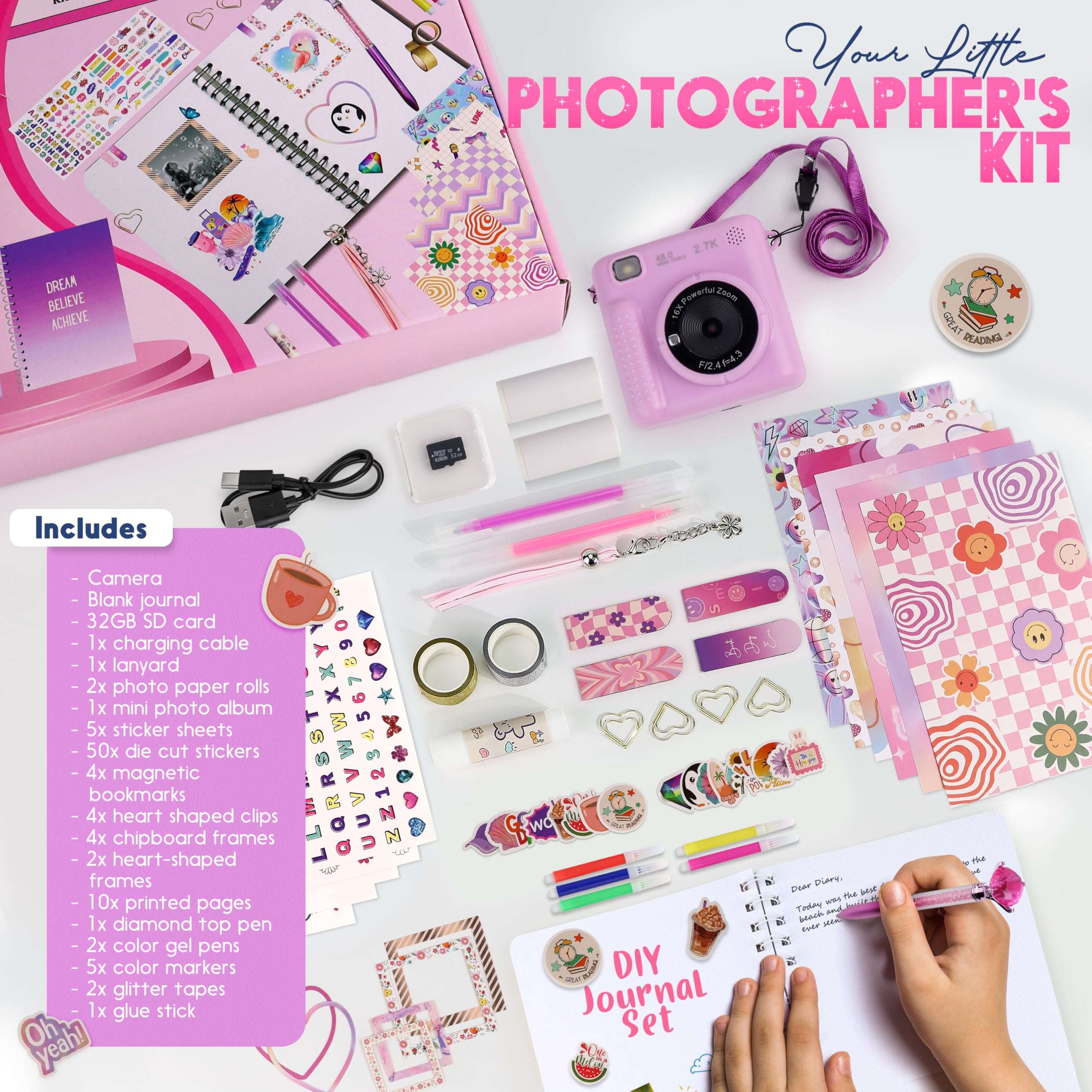 FINcredible Photomaker Kit - Instant Print Camera for Kids Plus DIY Journal Kit for Girls - 150 Pcs Tween Journal & Camera for Girls - 6 7 8 9 10 11 12 13 14 Year Old Girl (Lilac) 4