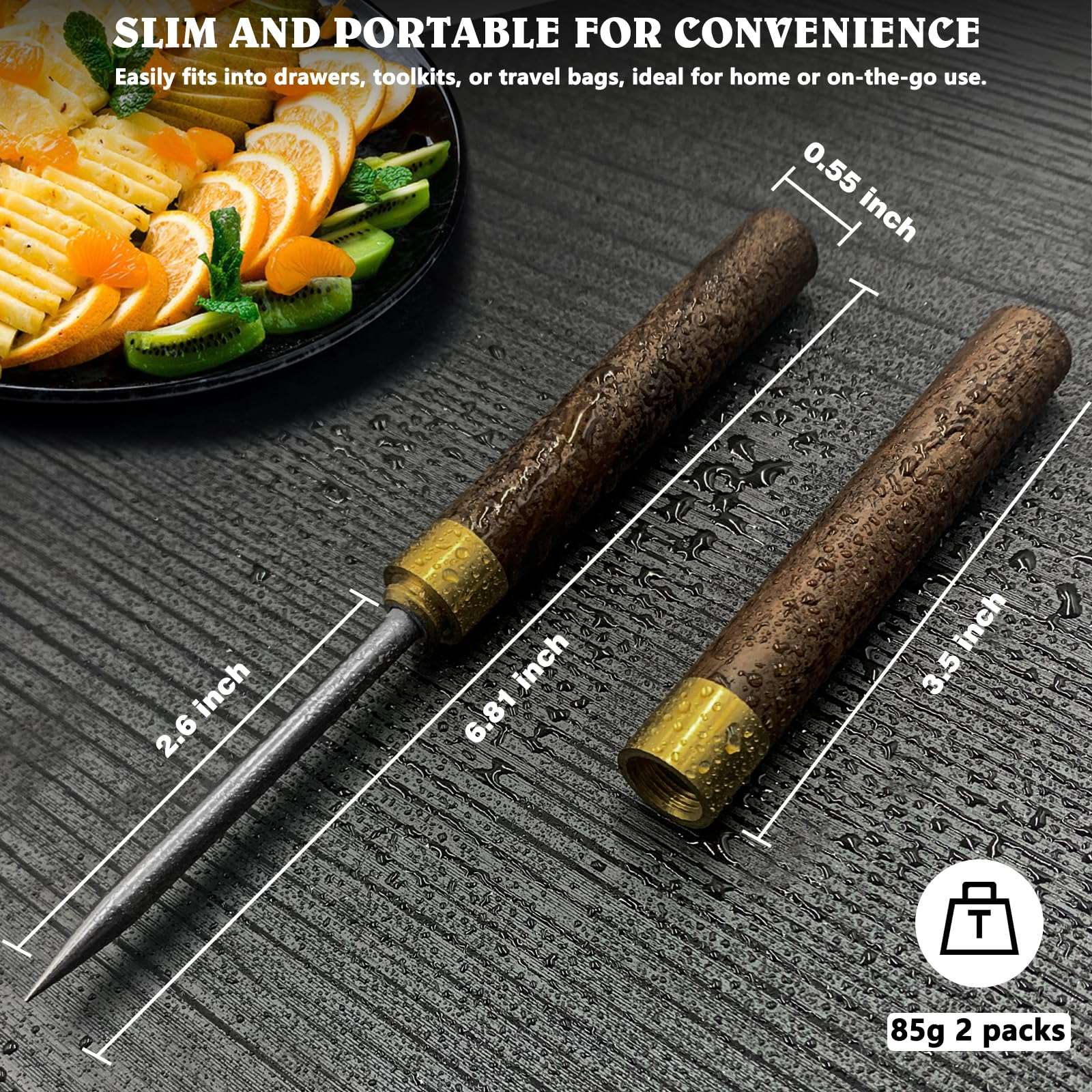 FJCTER 2 Pack Ice Pick for Breaking Ice, 6.8" Stainless Steel Ice Picks with Ebony Wooden Handle and Safety Cap, Multi-Purpose Ice Picks for Bars, Kitchens, Camping, Bartenders 6