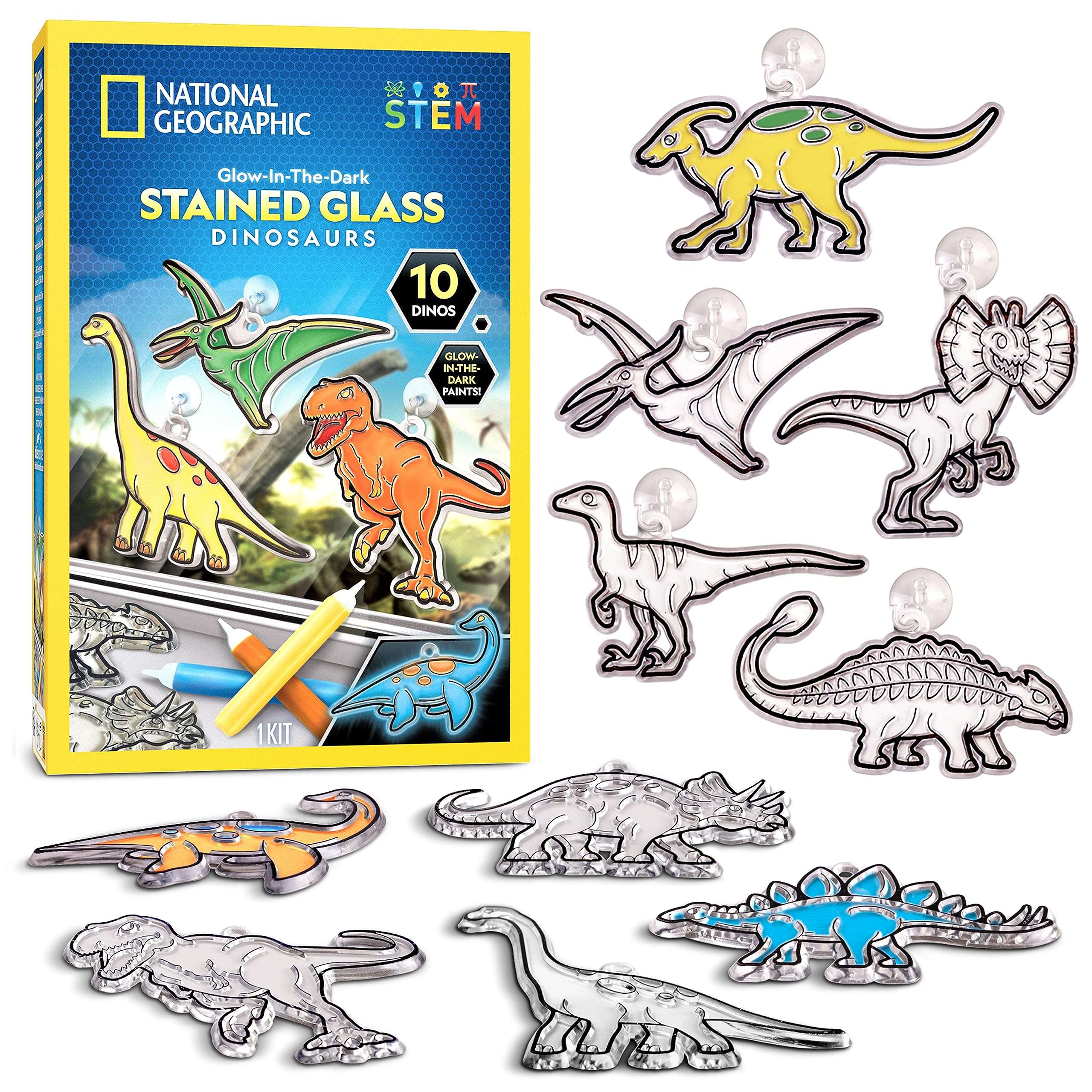 NATIONAL GEOGRAPHIC Glow in The Dark Dinosaur Stained Glass Art Kit - Window Sun Catchers and Crafts for Kids Ages 4-8 1