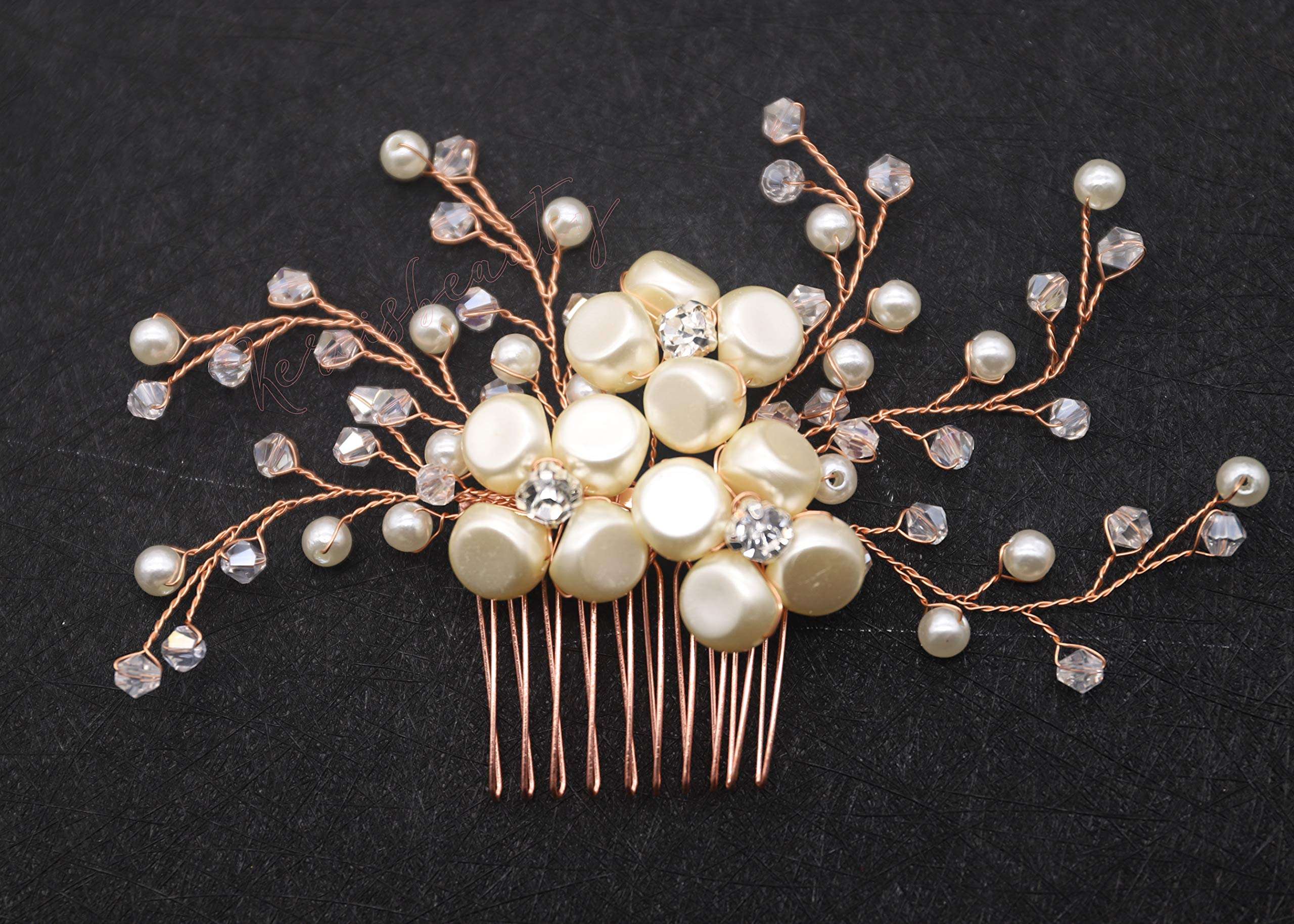 Kercisbeauty Pearl Hair Comb for Brides Wedding Bridal Headpiece Crystal Hair Accessories for Bridesmaid Flower Girls Women Head Piece (Gold) 2