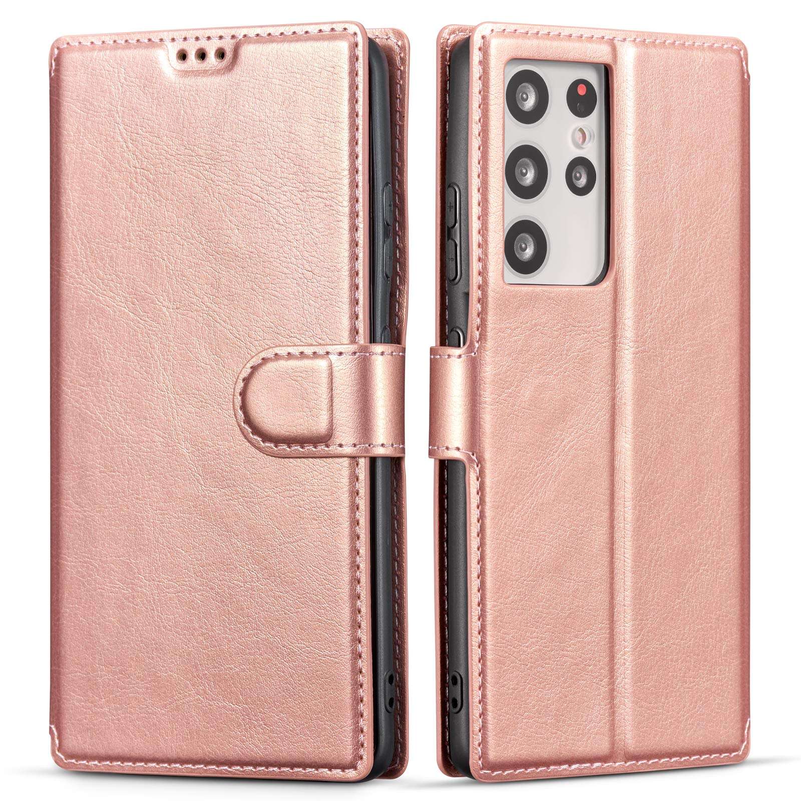 QLTYPRI for Samsung Galaxy S21 Ultra 5G Case PU Leather Flip Case with Card Slots Viewing Stand Magnetic Closure Flip Folio Cover Simple Wallet Cover for Galaxy S21 Ultra 6.8 inch - Rose Gold 1
