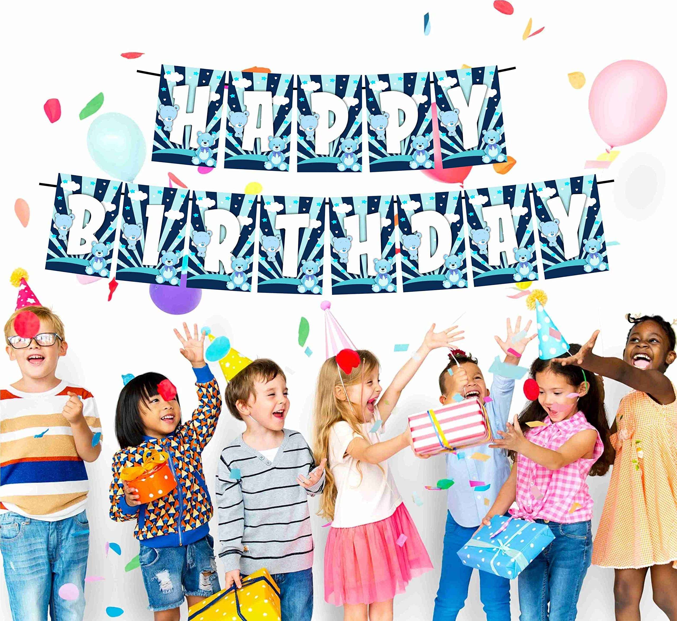 Partyzon Blue Teddy Bear Theme Happy Birthday Kids Banner for Birthday Decoration Backdrop and Theme Party with Ribbon 3