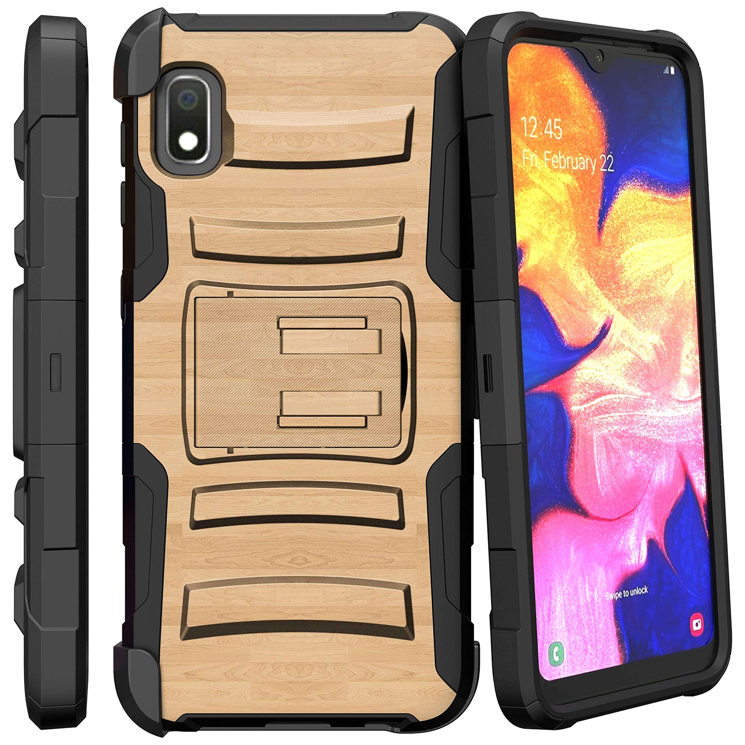 TurtleArmor | Compatible with Samsung Galaxy A10e Case | Galaxy A20e Case [Hyper Shock] Hybrid Dual Layer Armor Holster Belt Clip Case Kickstand - Maple Wood 2