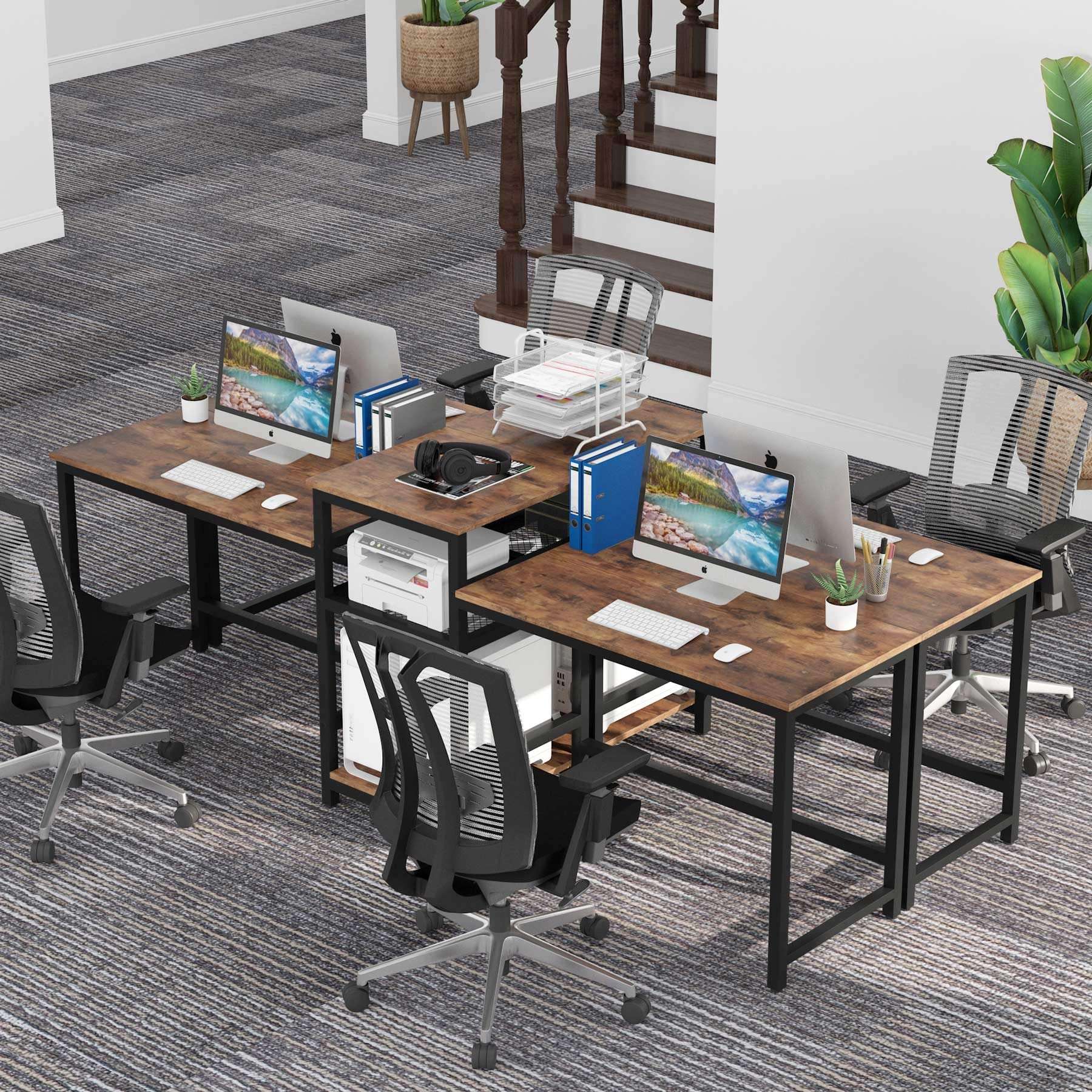 Tribesigns 96.9" Double Computer Desk with Printer Shelf, Extra Long Two Person Desk Workstation with Storage Shelves, Large Office Desk Study Writing Table for Home Office (Light Brown) 3