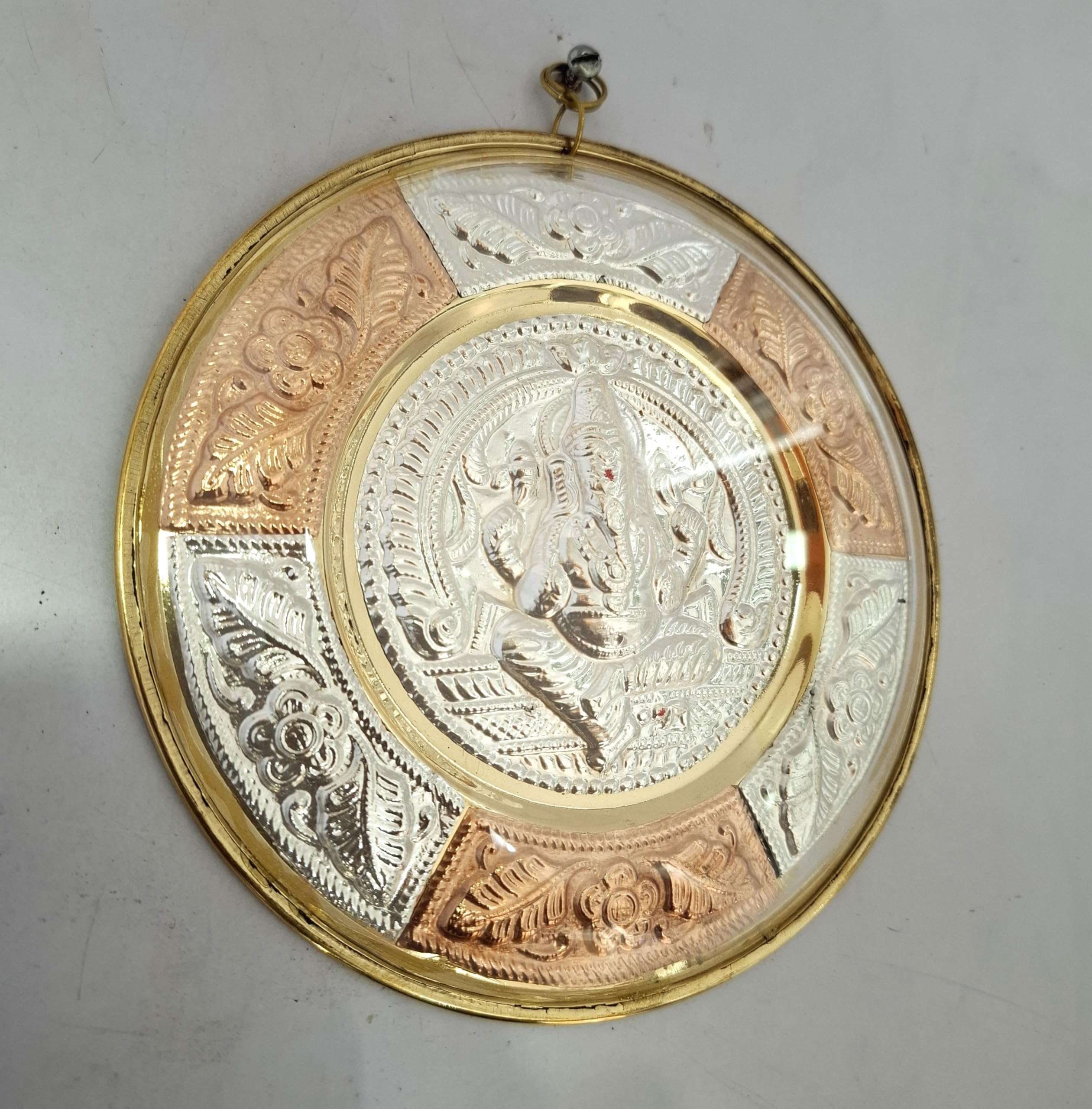 JLine Arts Ganesha 6 inches Thanjavur Art Plate, Pure Silver, Metal Art with Wall Hanging and Unbreakable Fibre Glass on The Front 6