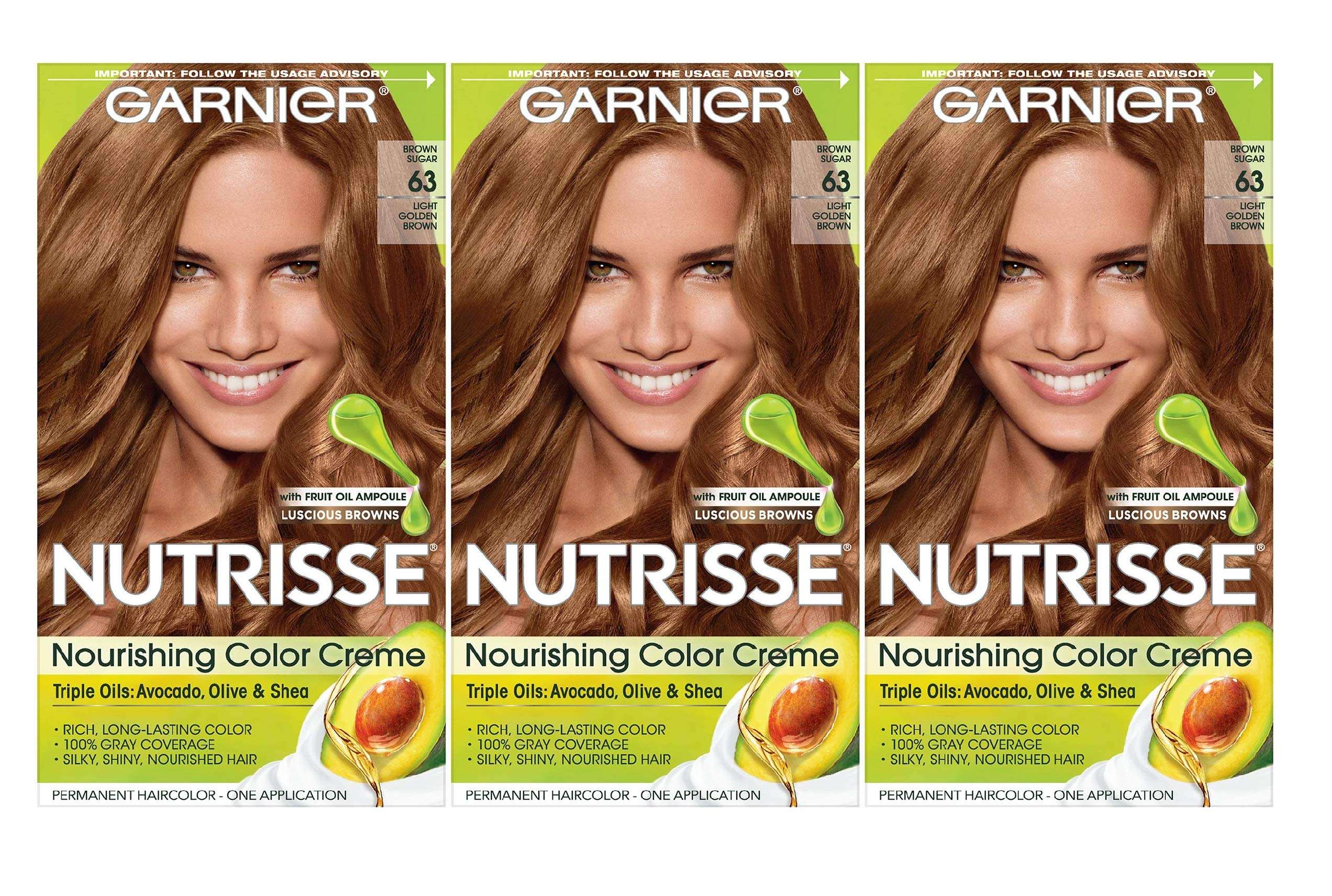 Garnier, Nutrisse Nourishing Hair Color Creme Packaging May Vary, 63 Light Golden Brown (Brown Sugar), 3 Count 1