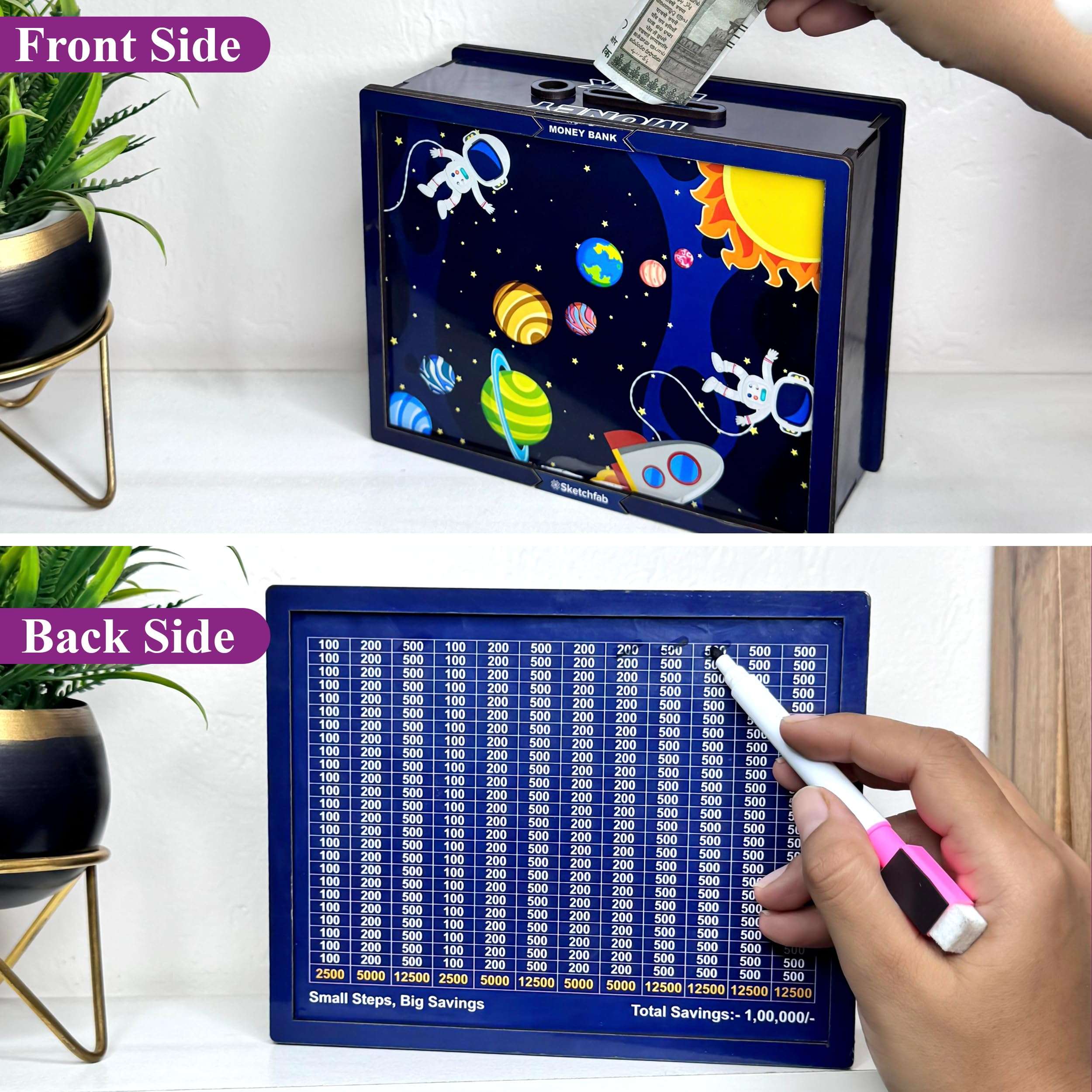 Sketchfab Money Saving Box for Adult 100000, Wooden with Savings Tracker Bank Kids, Smart Piggy Bank, Box, Coin Box,Gullak Saver,Piggy Rs100000 Home Deal Gift Man, Women (Space) 3
