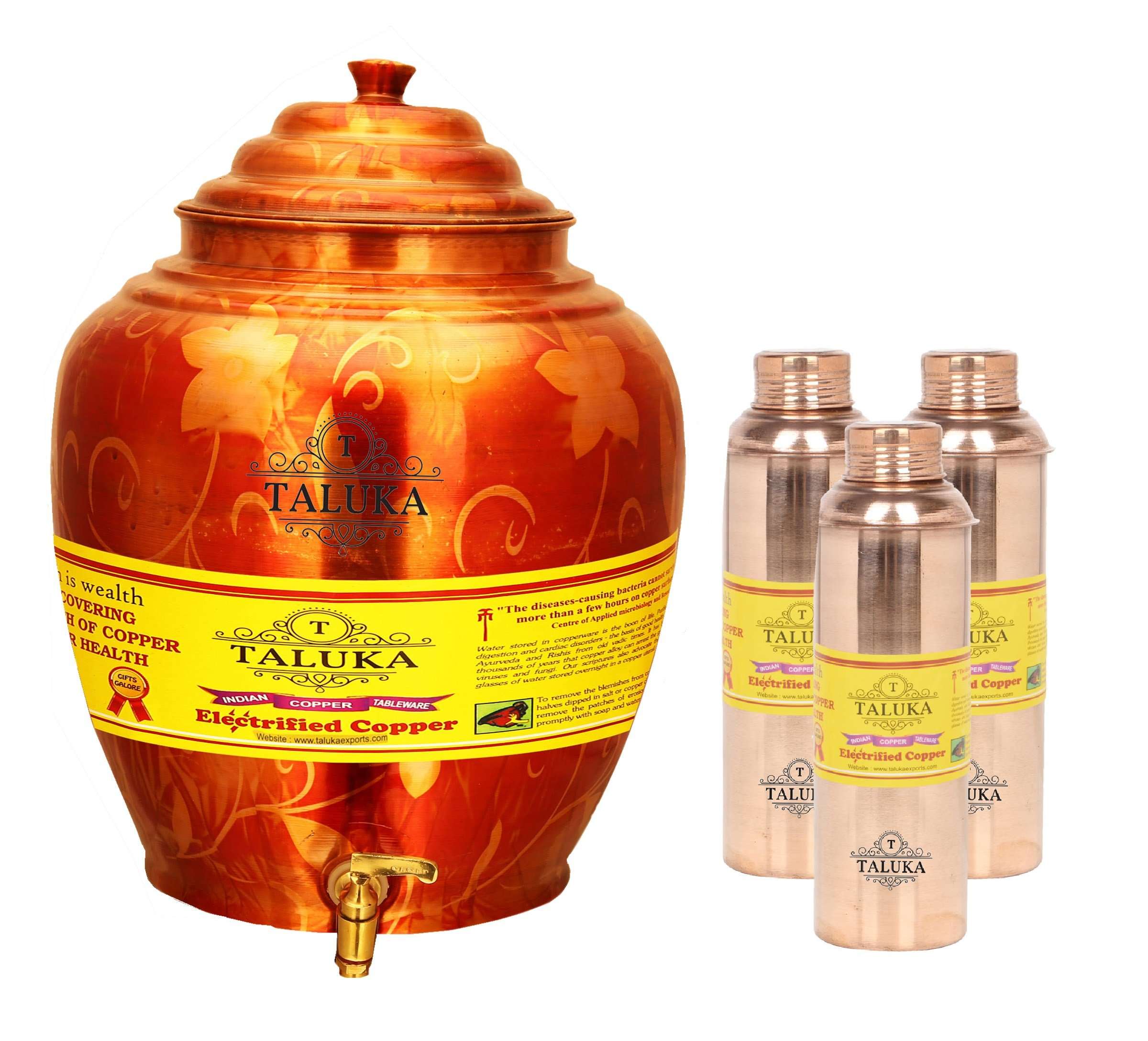 Taluka Apple Design Pure Copper Water Pot Dispenser Matka Water Tank Water Storage Capacity :- 16 Liter Weight :- 1600 Grams With Set of 3 Bisleri Design Bottle 800 ML EACH Bottle for use Storage Drinking Water Restaurant Hotel Home Ware Gift Item 1