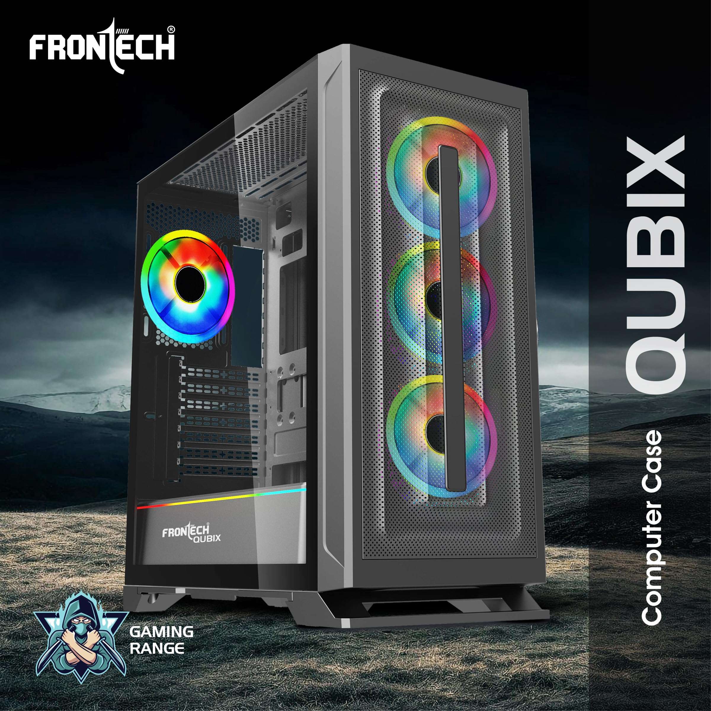 FRONTECH QUBIX ATX Mid Tower Gaming Computer Case | Tempered Glass Side Panel | Metal Mesh Front | 4 x 120mm ARGB Fans | USB 3.0 & Type-C (FT-4386) 3