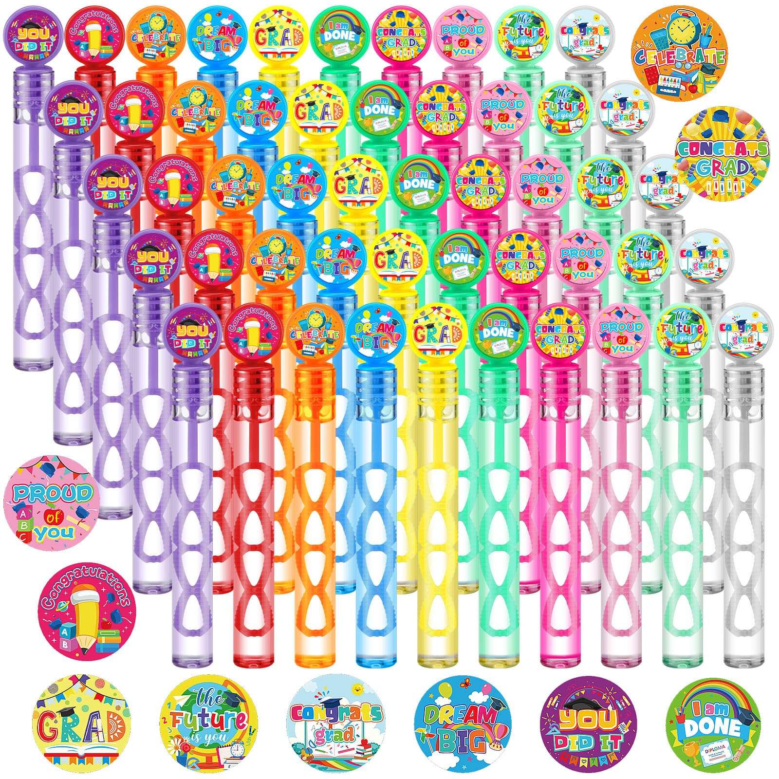 Hollowfly 60 Pcs Graduation Mini Bubble Wands 4 Inch Assorted Graduation Party Favors Class of 2025 Grad Small Bubble Wands for Kids Kindergarten Preschool End of School Year Gifts for Kids Bulk 1