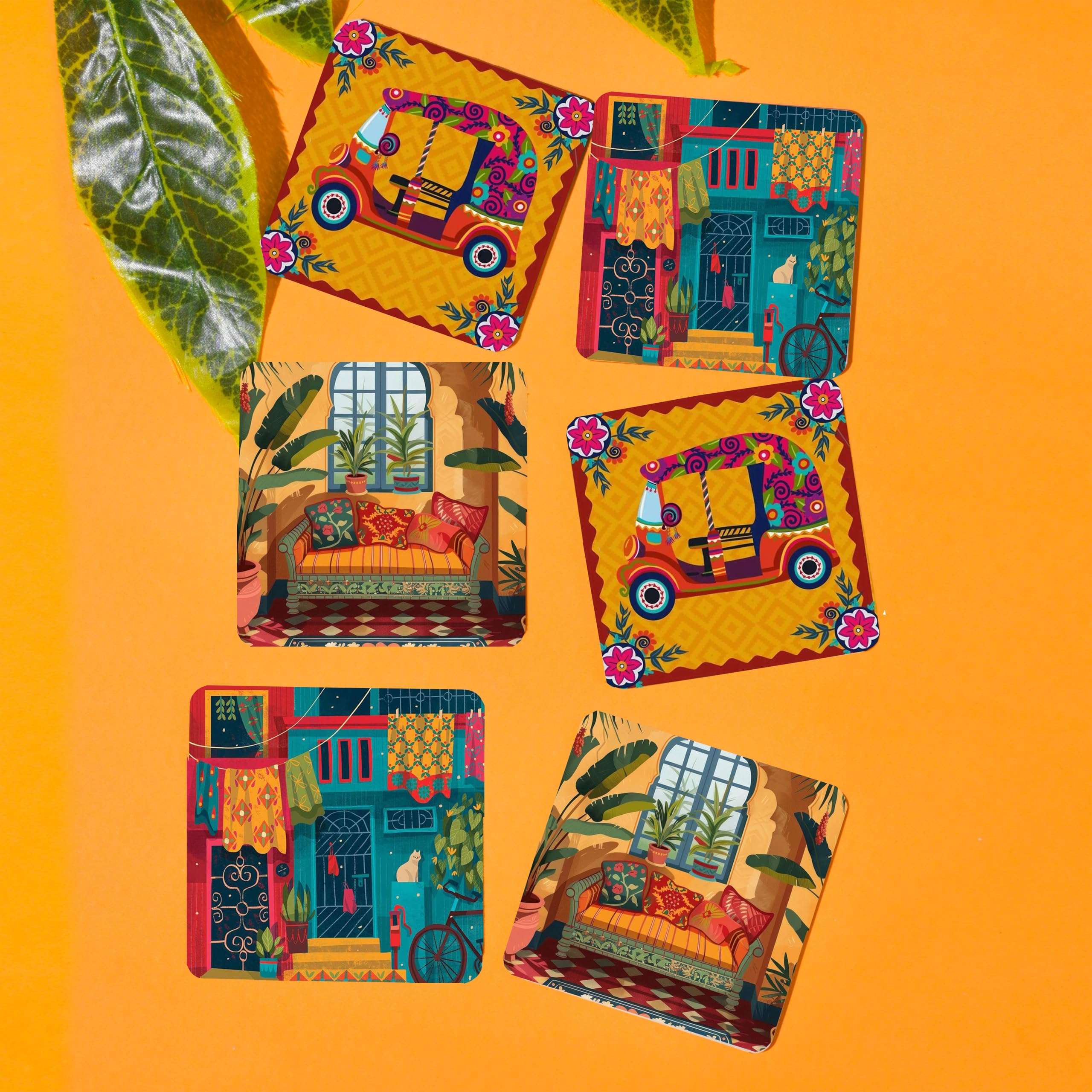 TAJNAN Indian Art Printed Coaster Set of 6 Beautiful Wooden Coasters with Plastic Coating Proper Coaster Stand Designer (taj-Coaster-auto-h) 3