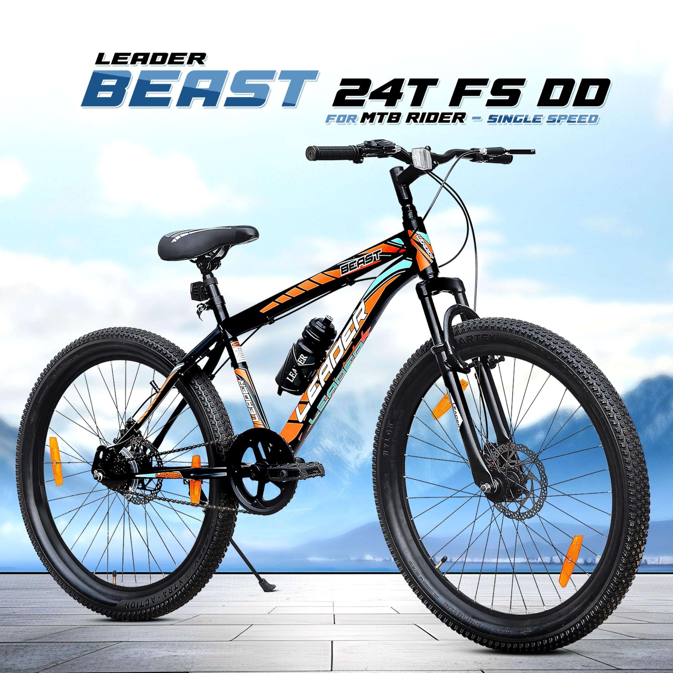 Leader Beast 24T Kids MTB Cycle | Kids Cycle with Sturdy 16 Inch Frame | Without Gear Bicycle with Front Suspension & Dual Disc Brakes | Ideal for 9-13 Years (Black/Orange) 3