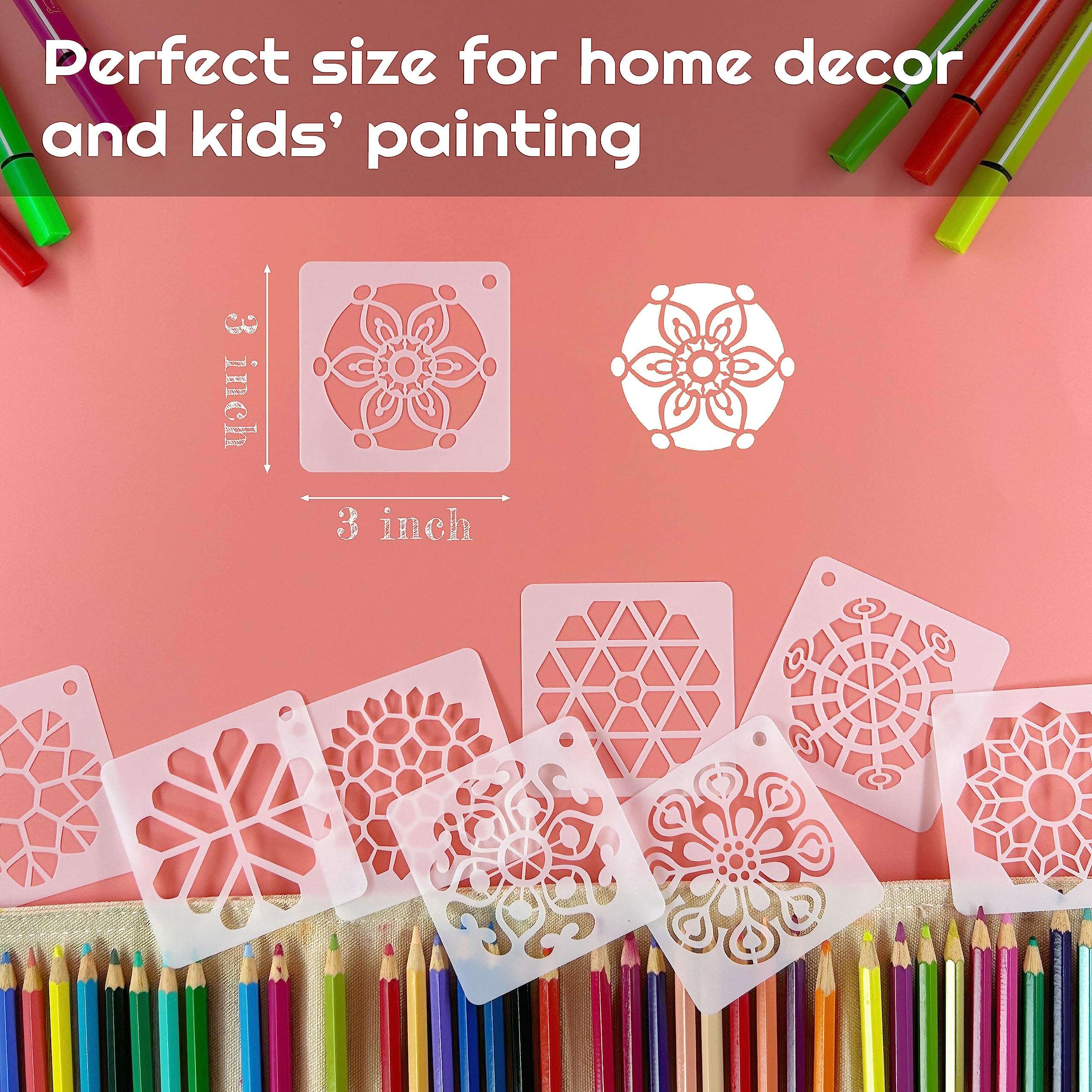 Felixcraft Stencils for Painting, 64pcs 3x3in Reusable Stencils for Painting on Wood Wall Rock and Other Home Decor Small Stencils DIY Craft Template (Mandala) 3
